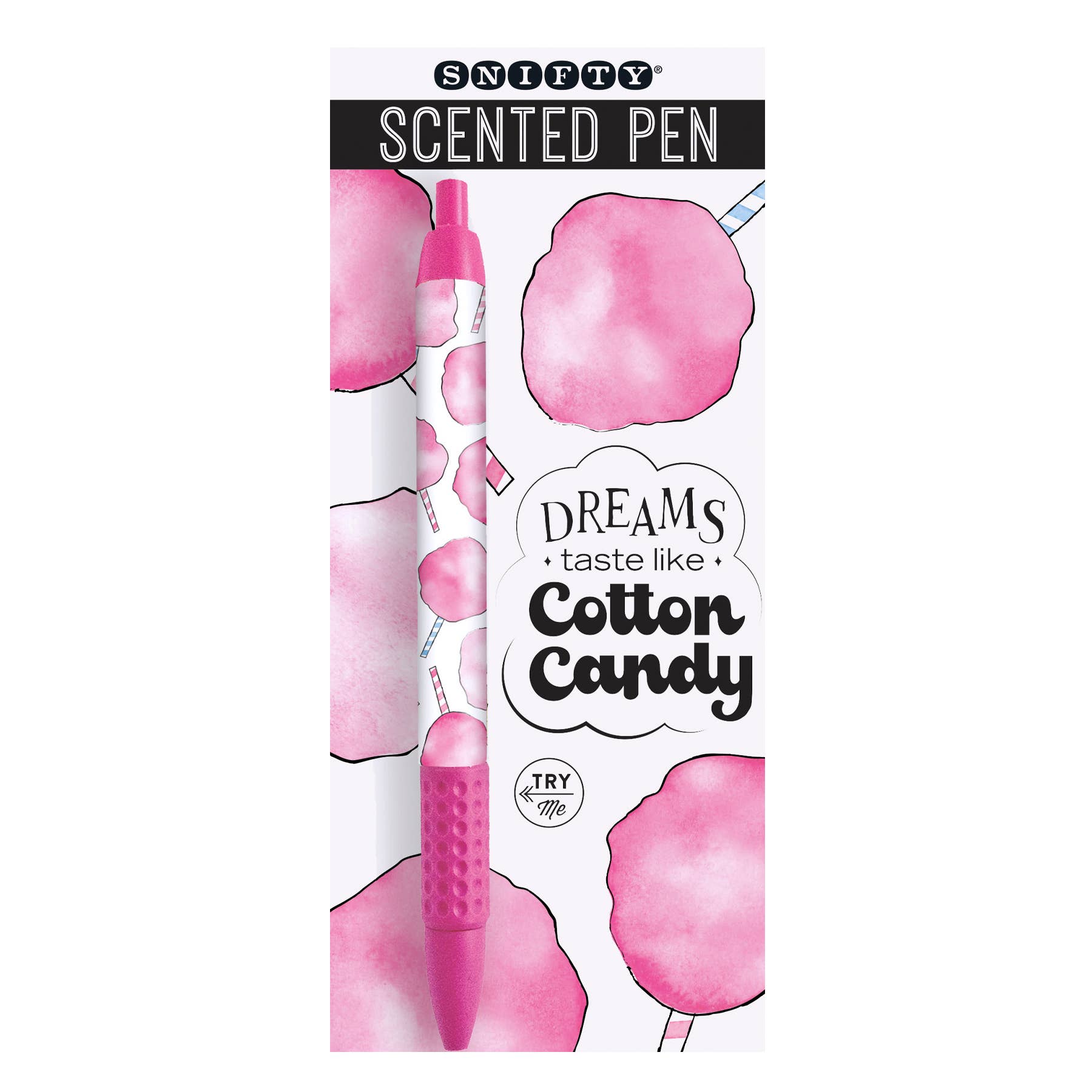 Snifty Cotton Candy Scented Pen. Pink pen with cotton candy design in packaging.