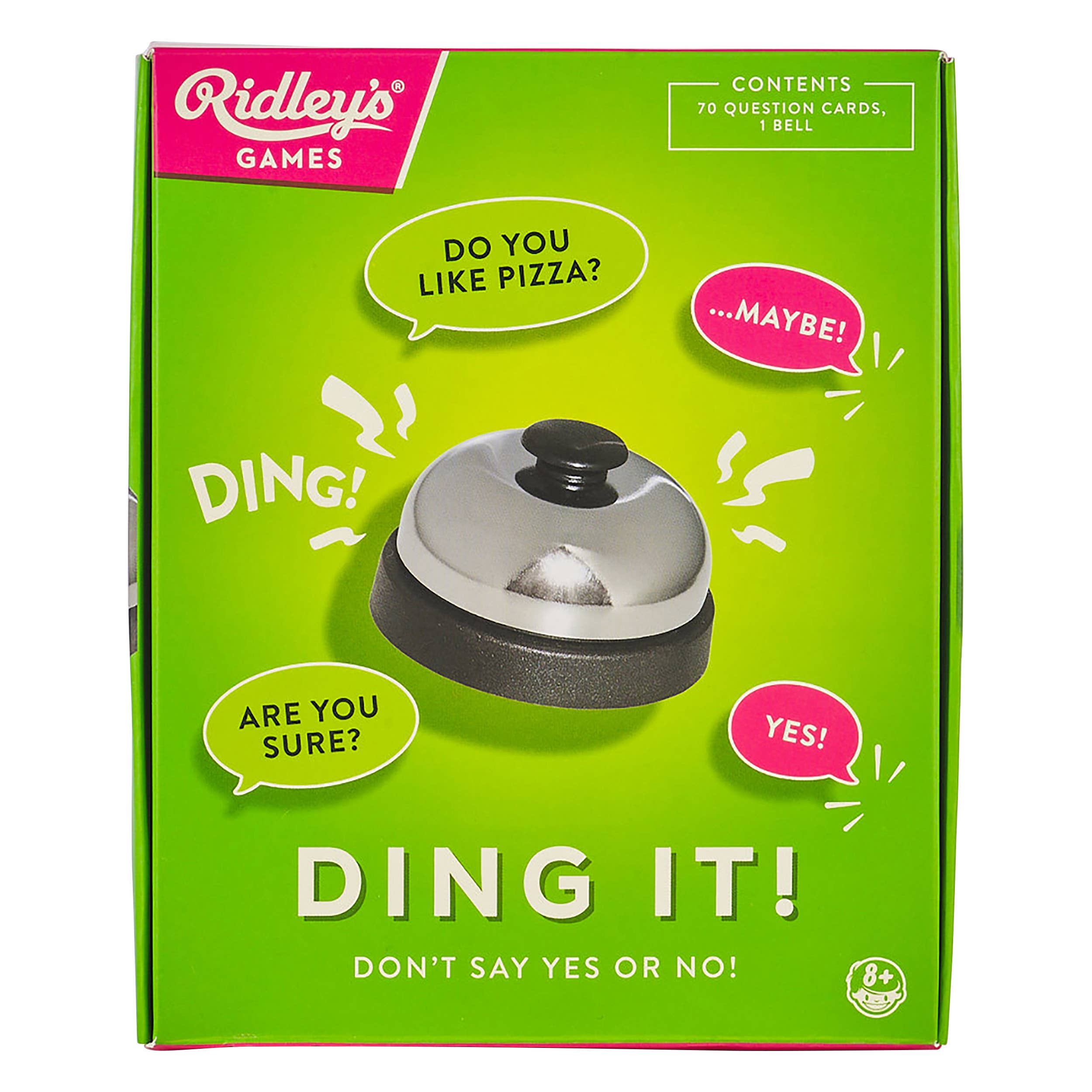 The image shows the packaging of the board game 'Ding It' by Ridley's Games. The box is green with illustrations of people interacting with the game, including holding cards and pressing a bell.
