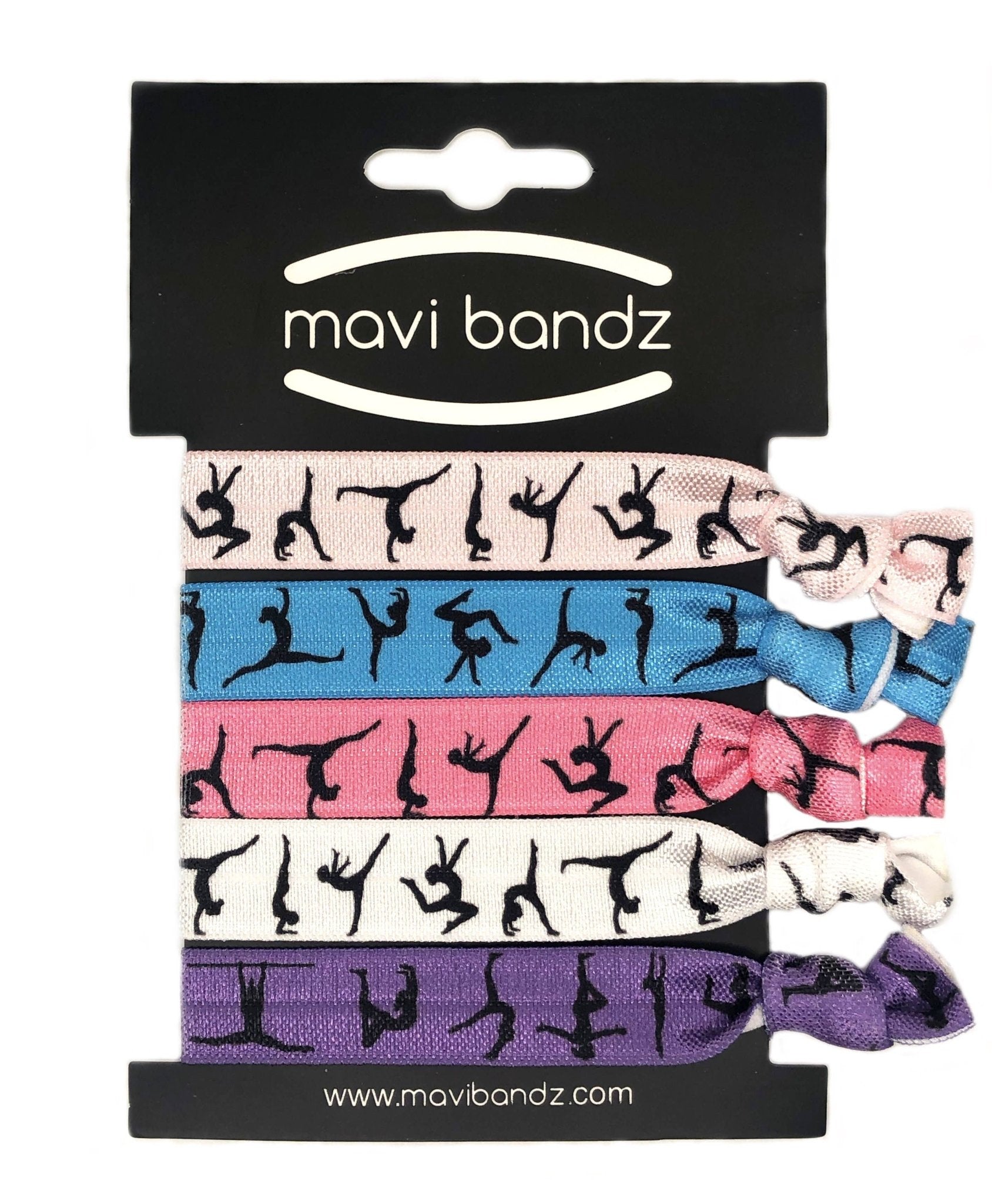 Mavi Bandz gymnastics hair ties set with colorful elastic bands and gymnast silhouette designs.