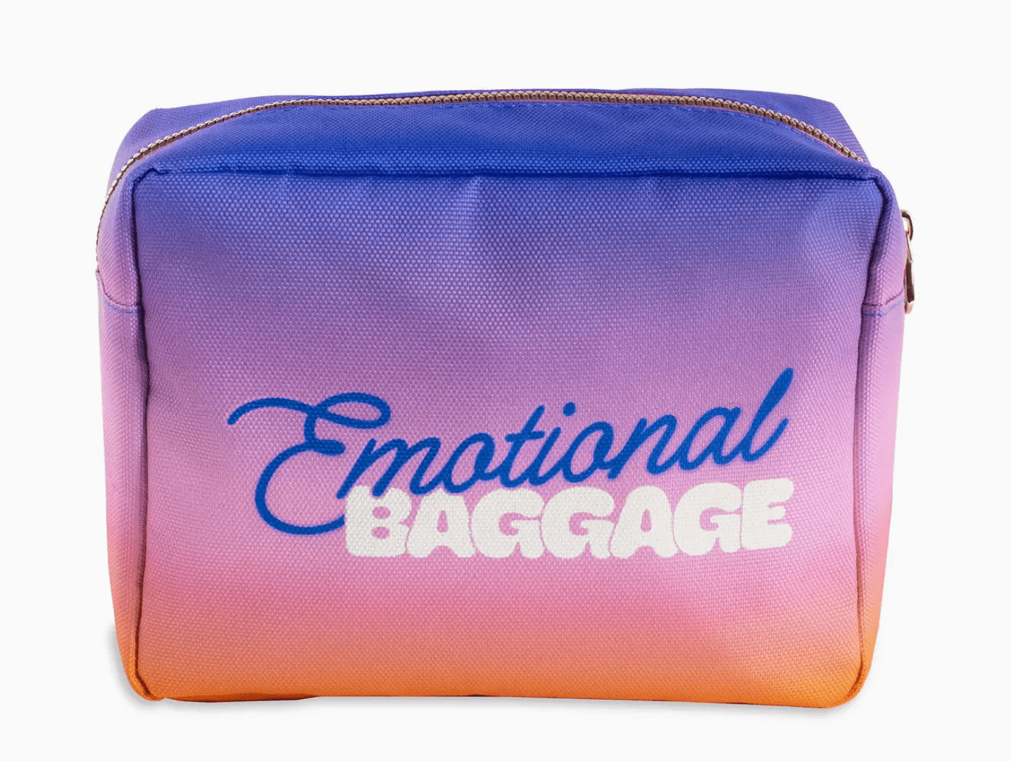 Ombre cosmetic bag with 'Emotional Baggage' text. Purple, pink, and orange zippered makeup pouch.