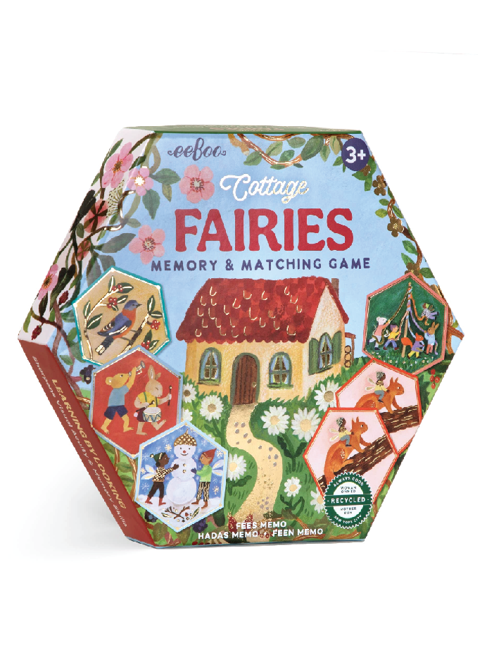 Hexagonal packaging of Cottage Fairies memory and matching game on a white background