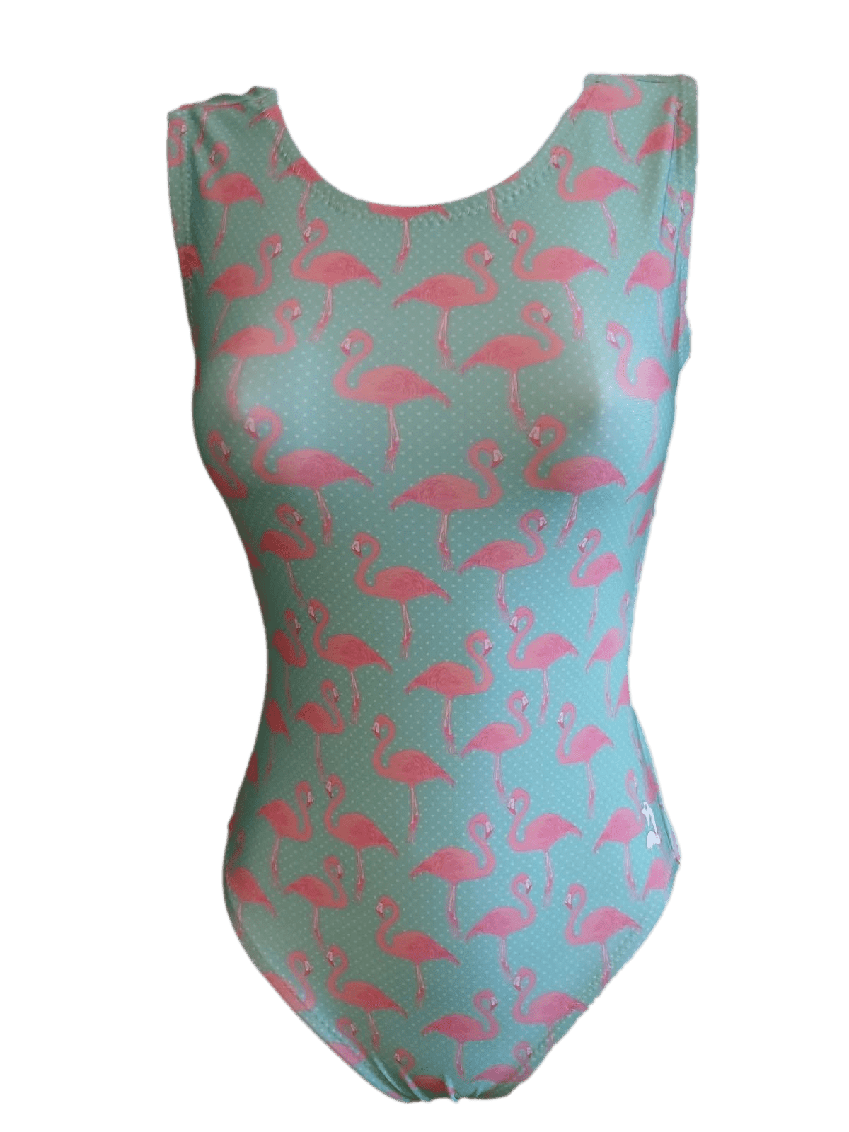 Leotard with pink flamingo pattern on a green background