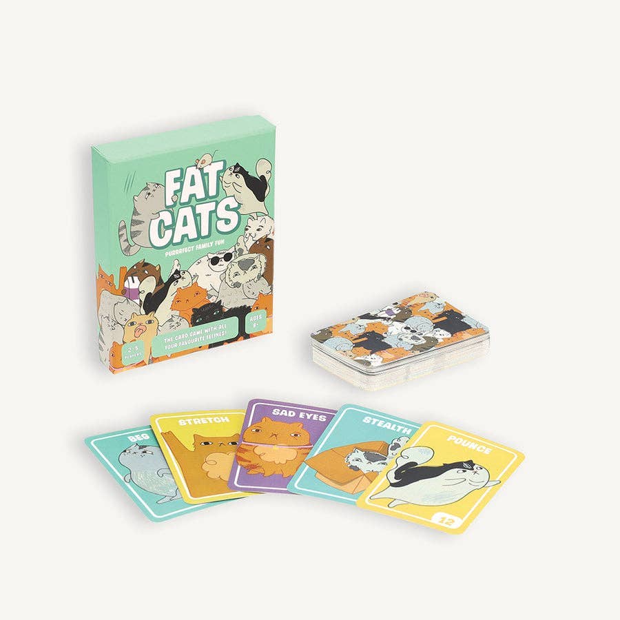 Fat Cats Purrfect Family Fun card game set: box, deck, and colorful illustrated cat cards showing 'Sad Eyes', 'Pounce', 'Stealth'.