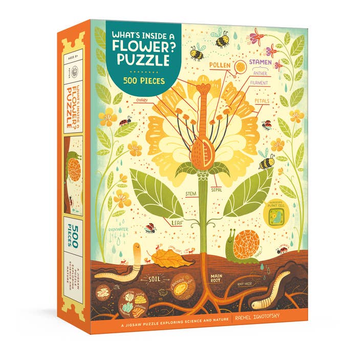 What's Inside a Flower? 500-piece puzzle. Science and nature jigsaw by Rachel Ignotofsky. Educational toy.
