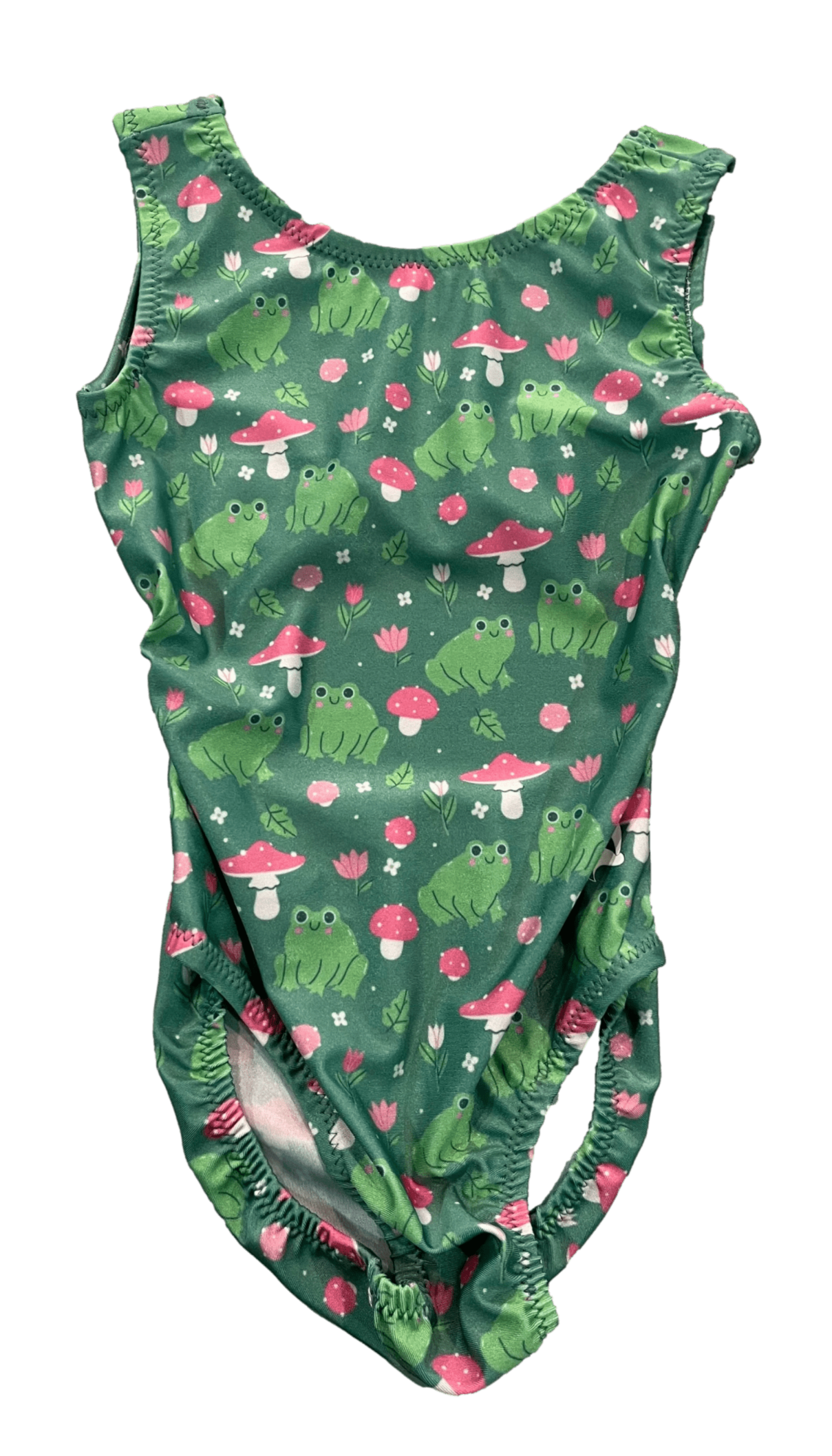 Green swimsuit with frog and mushroom pattern on a solid green background.