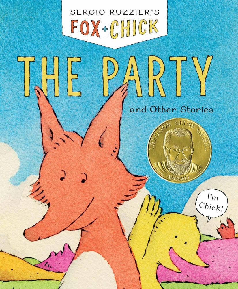 Fox + Chick: The Party and Other Stories children's book cover featuring fox and chick characters.