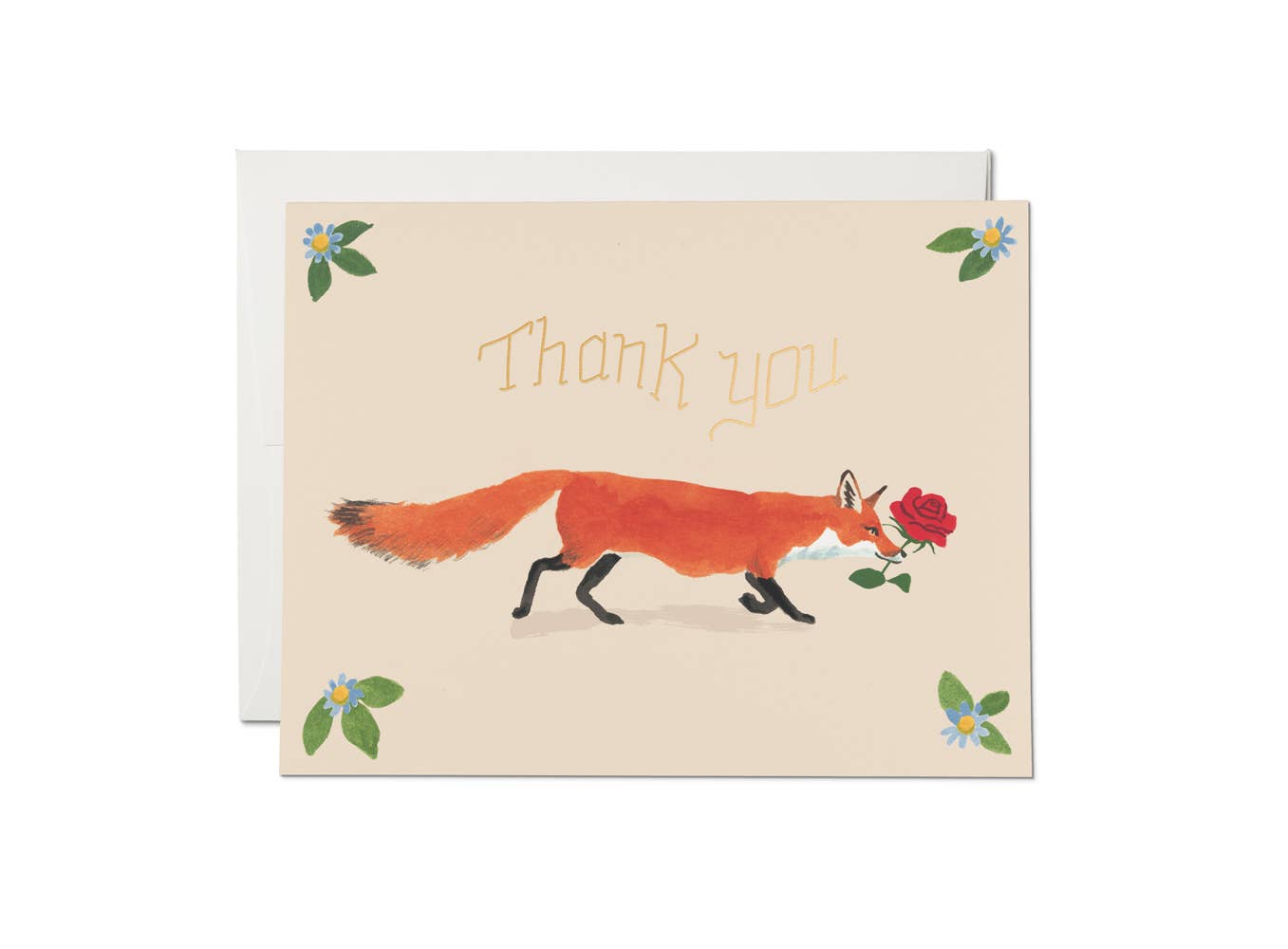 Fox Thank You Card: Illustration of a fox carrying a red rose. Features a cream background and floral accents.