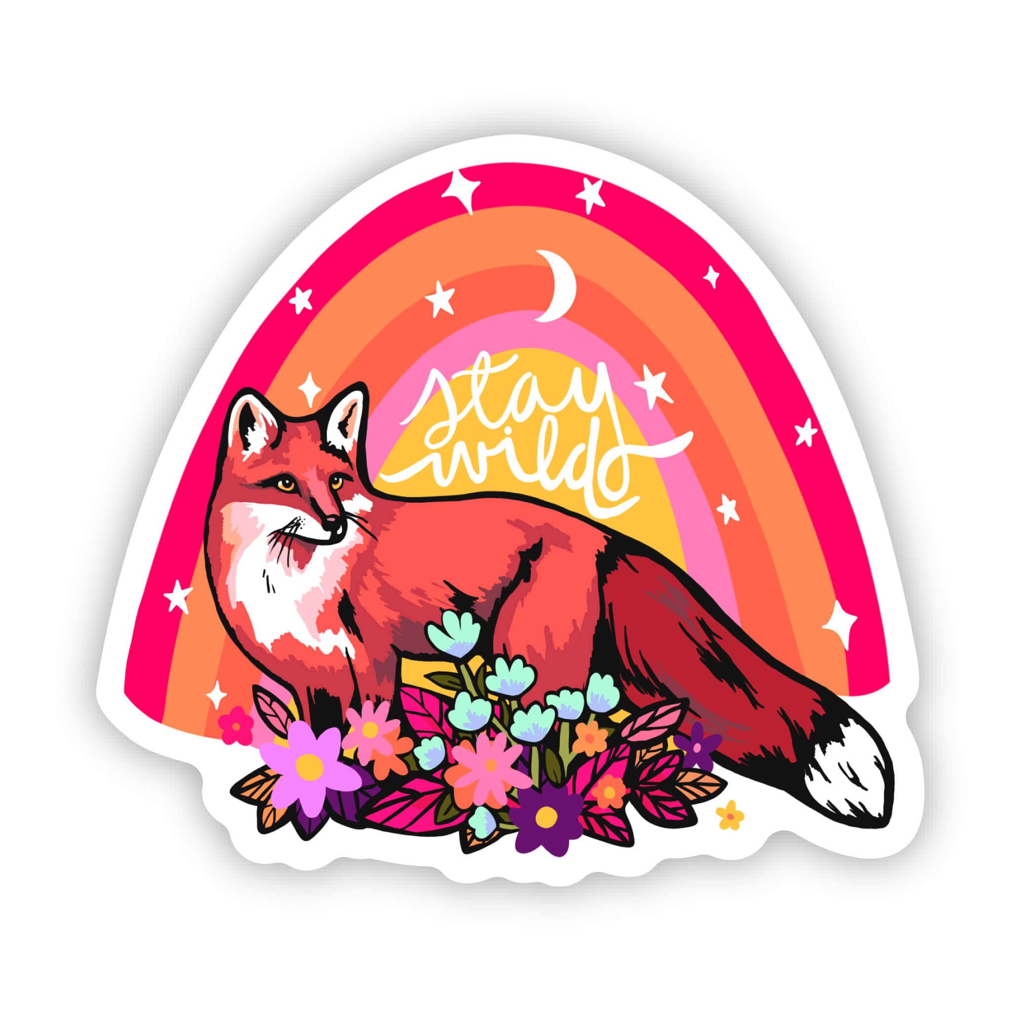 Stay Wild fox sticker with rainbow, moon, stars, and flowers illustration.