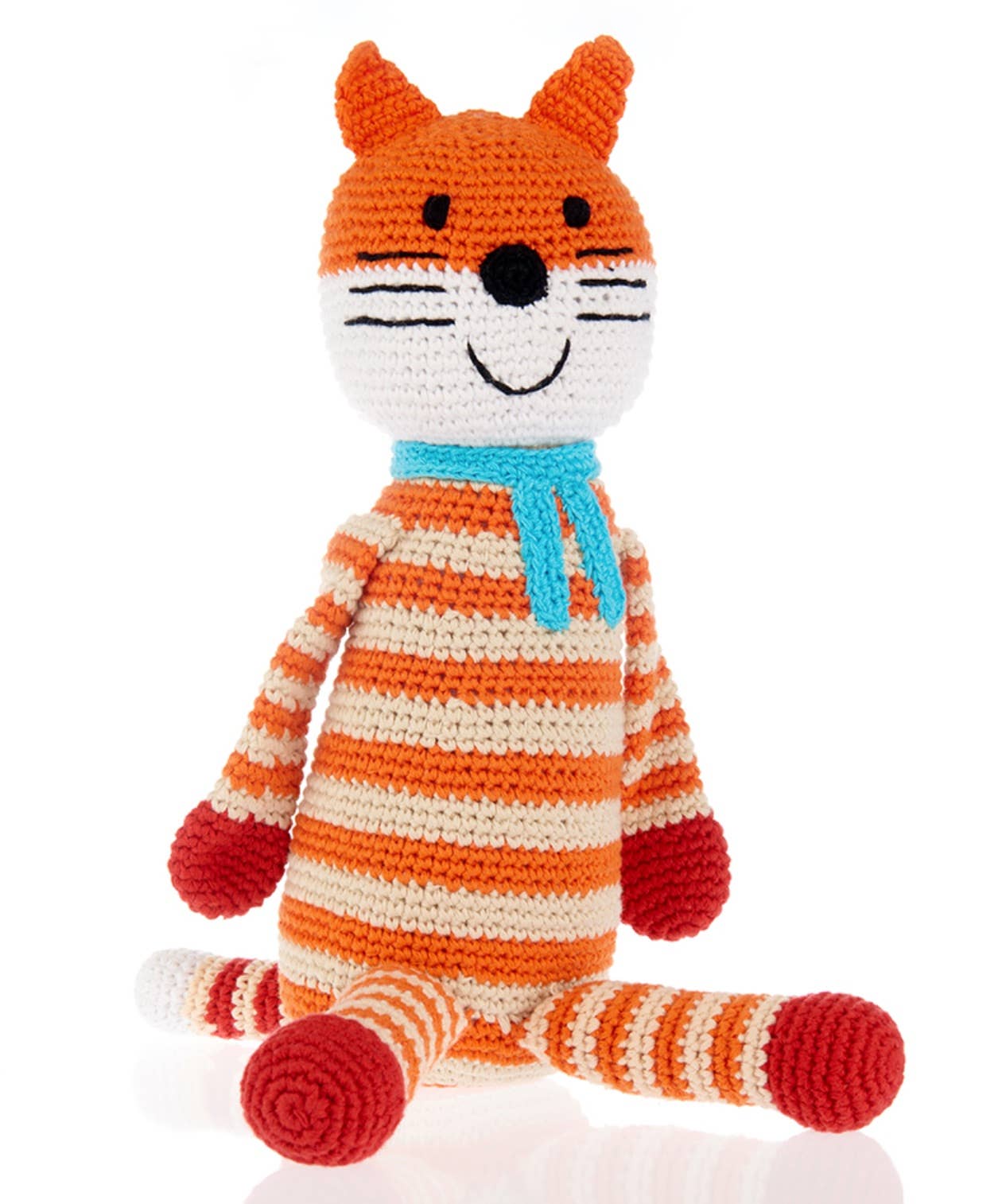 Crocheted fox plush toy with orange stripes and a blue scarf.