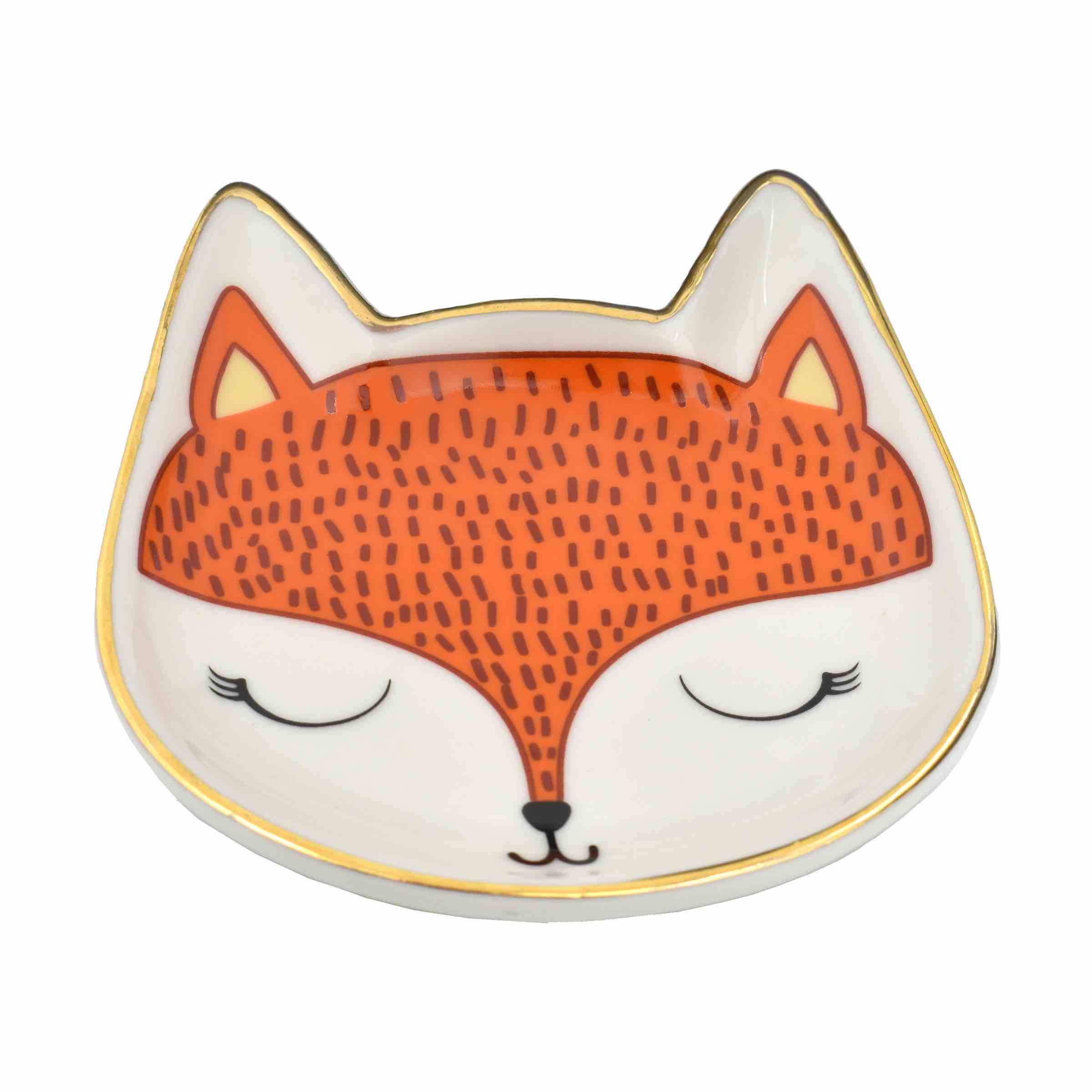 Ceramic fox trinket dish with gold trim for jewelry or small items.