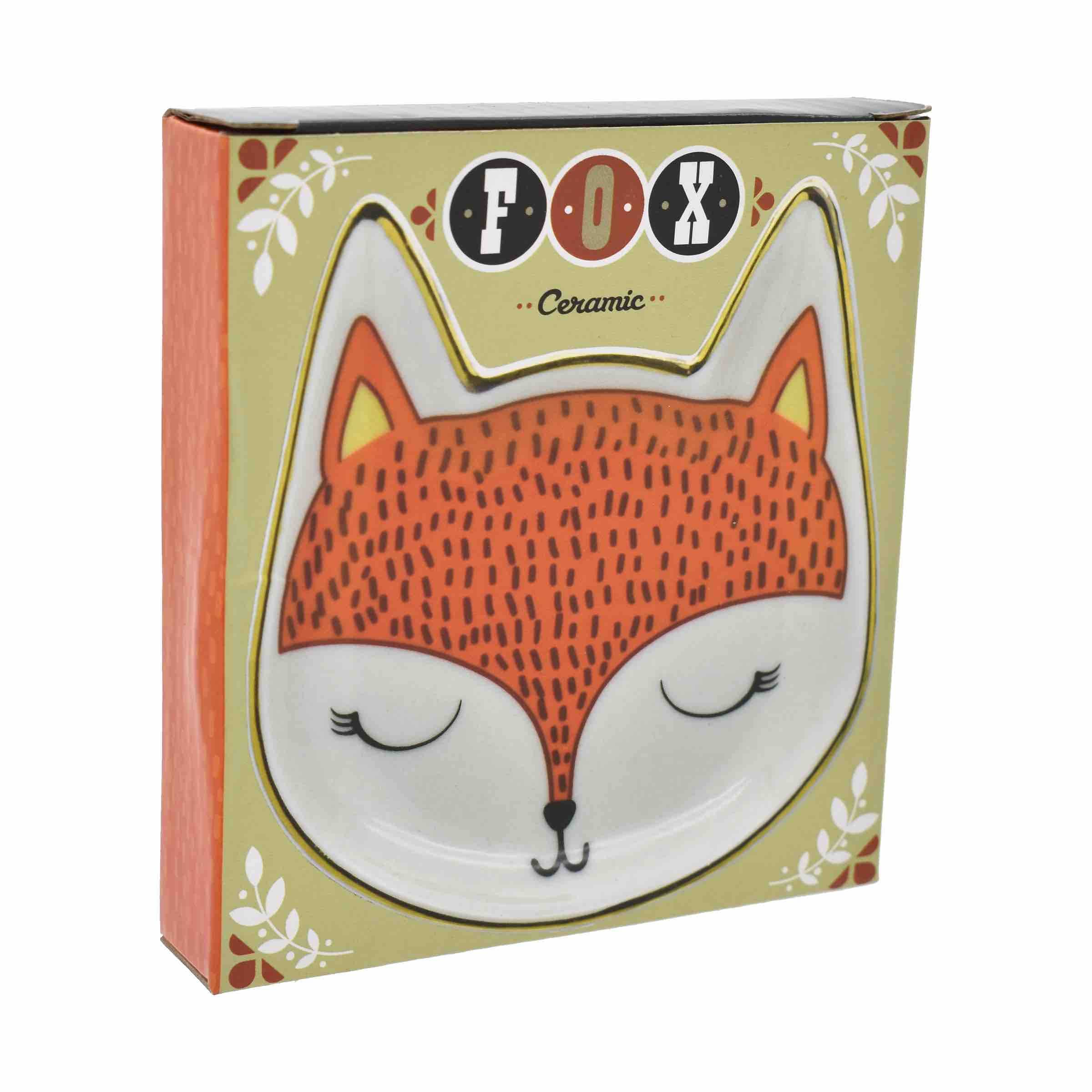 Boxed fox-shaped ceramic trinket dish with orange and white design. Cute animal jewelry holder.