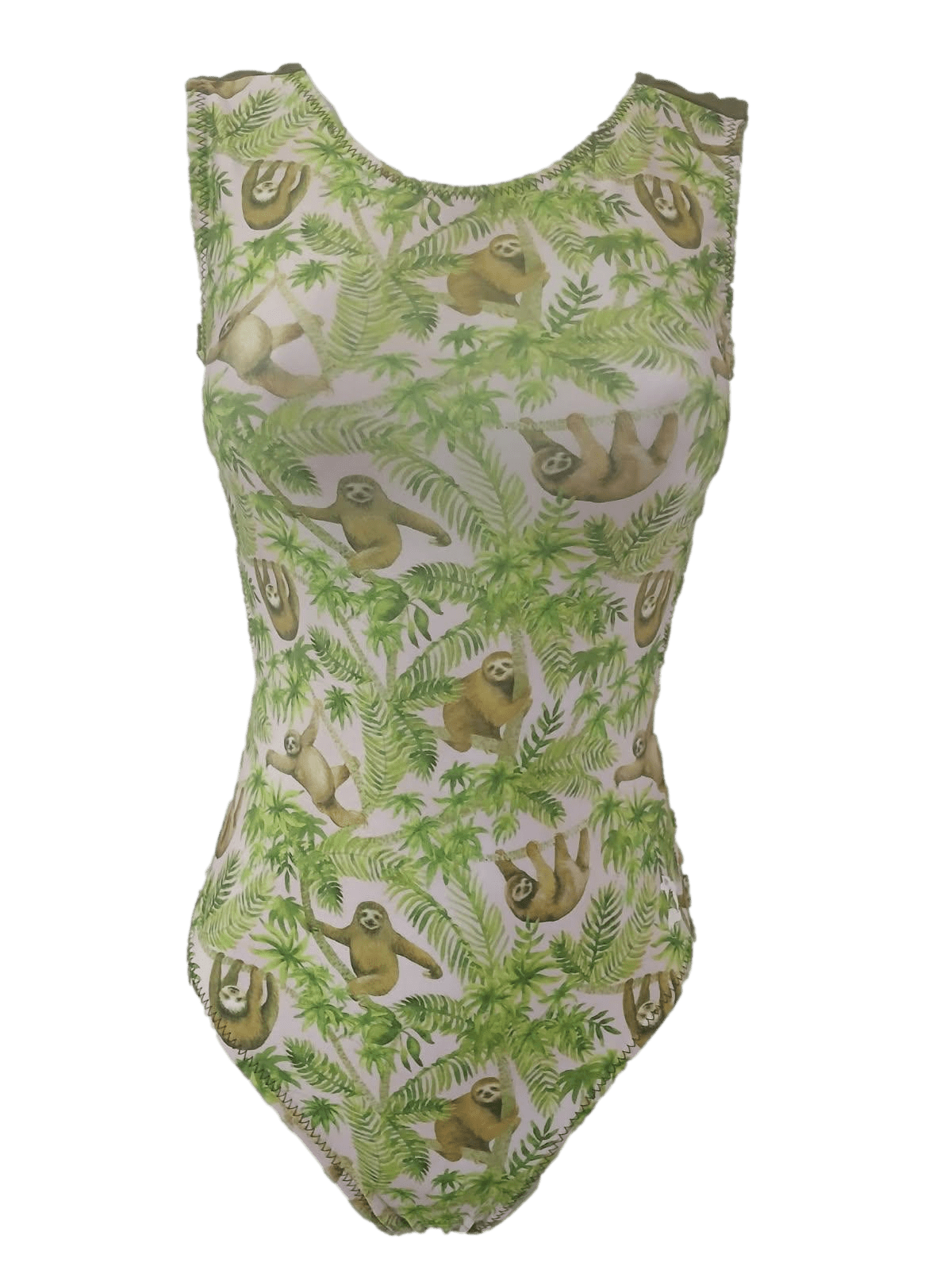 light pink background leotard with green palms and sloths printed on it