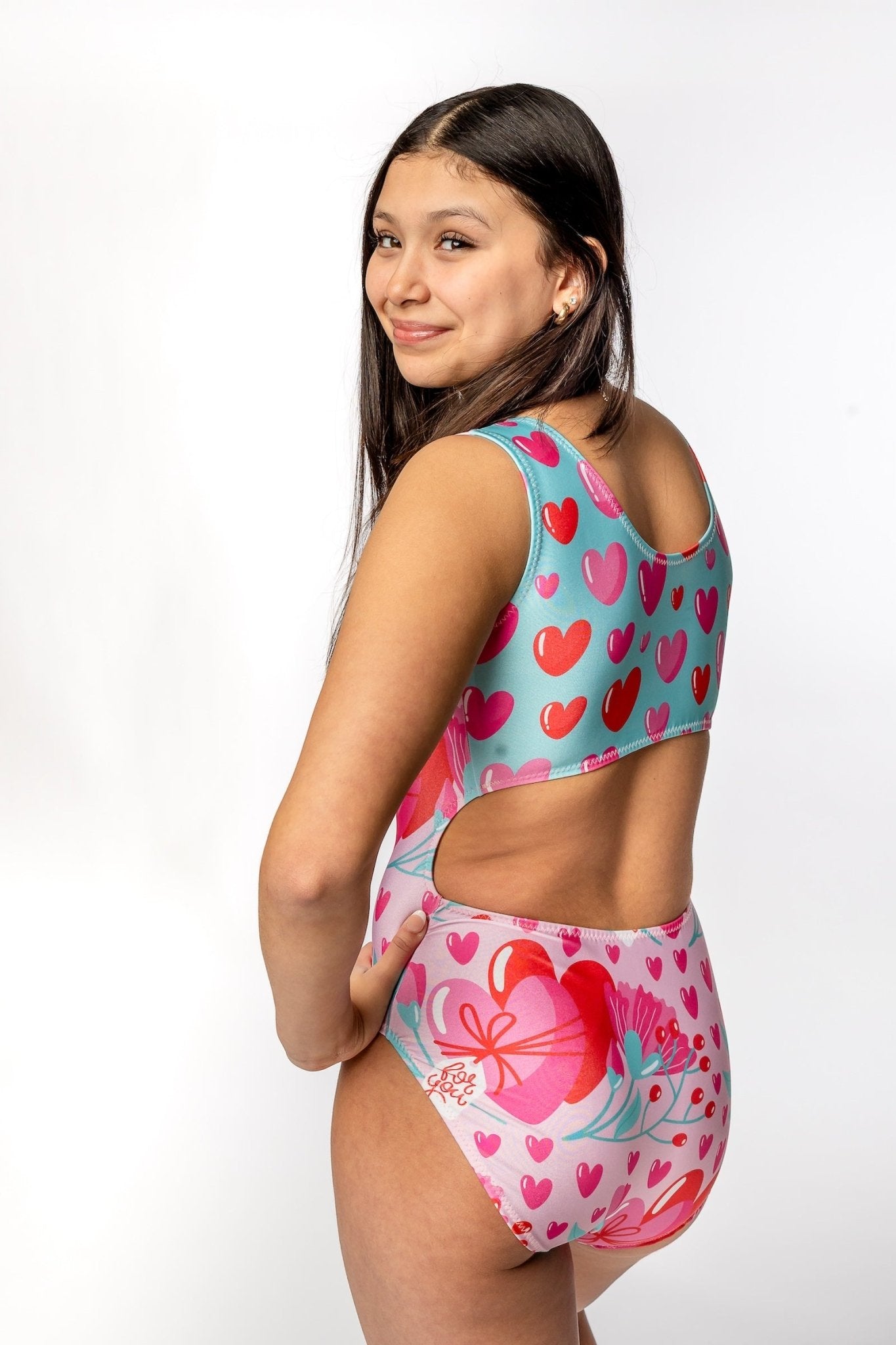 Love You More Vice Versa Gymnastics Leotard – Split Heart Print Dancewear for Girls - Foxy’s
