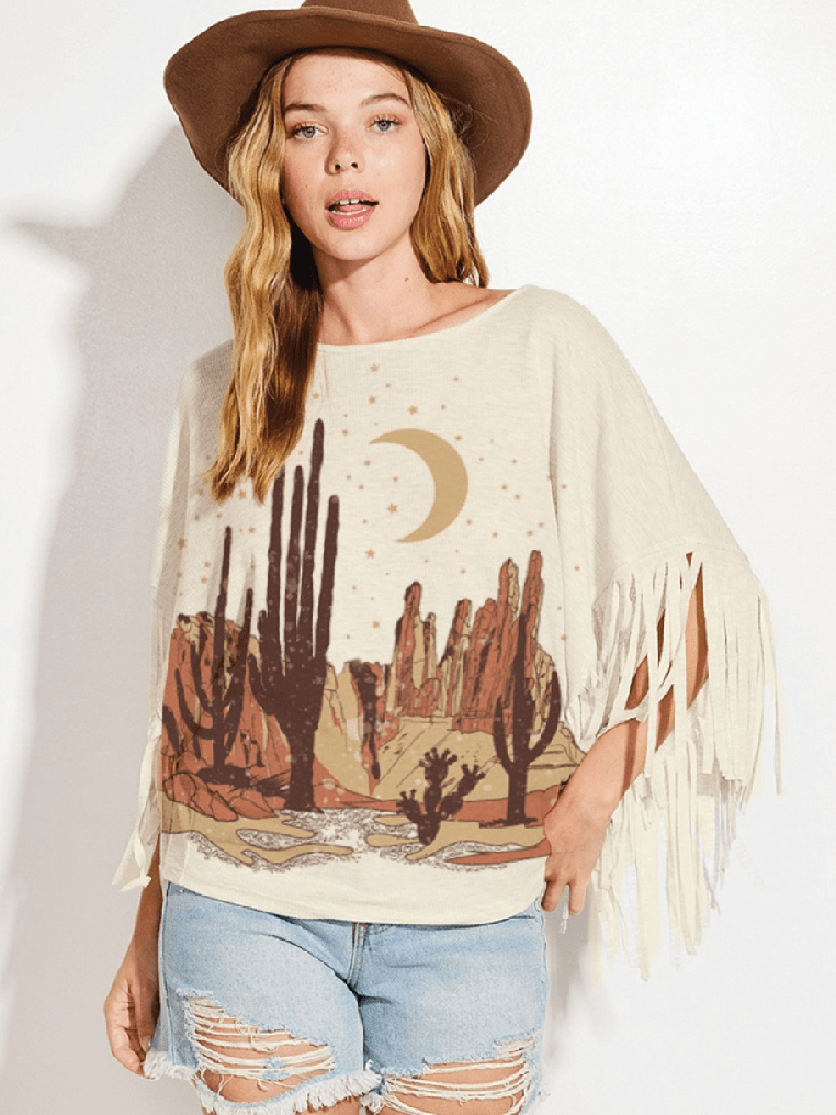 Western Print Dolman Fringe Top for Women - Foxy’s