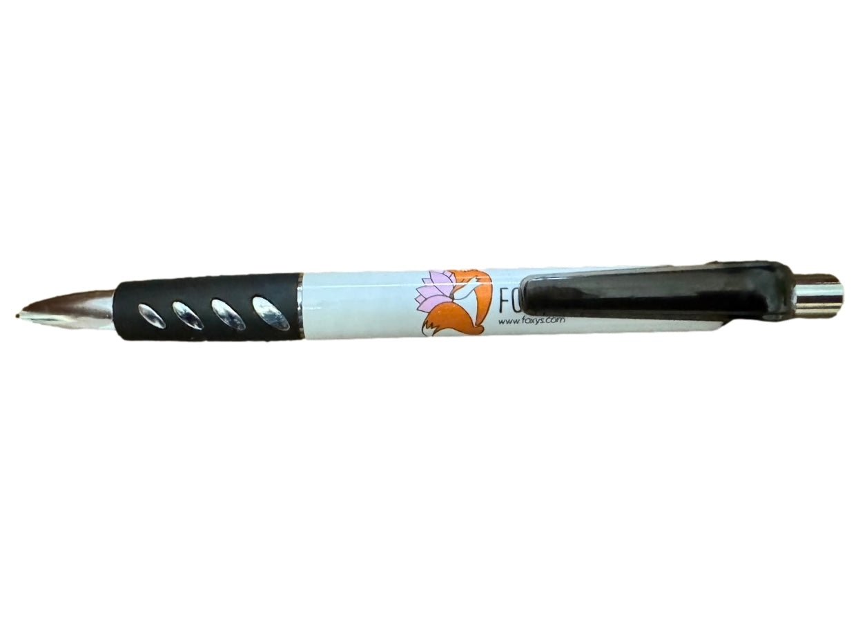 Promotional pen with a fox logo. White barrel with black grip and clip.