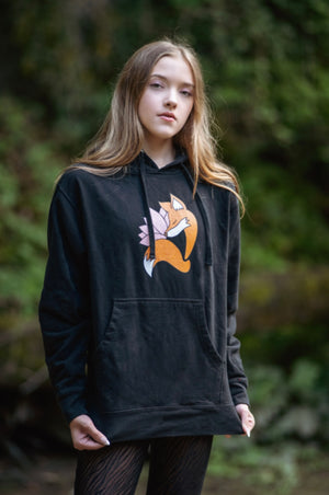 black hoodie with foxy logo 