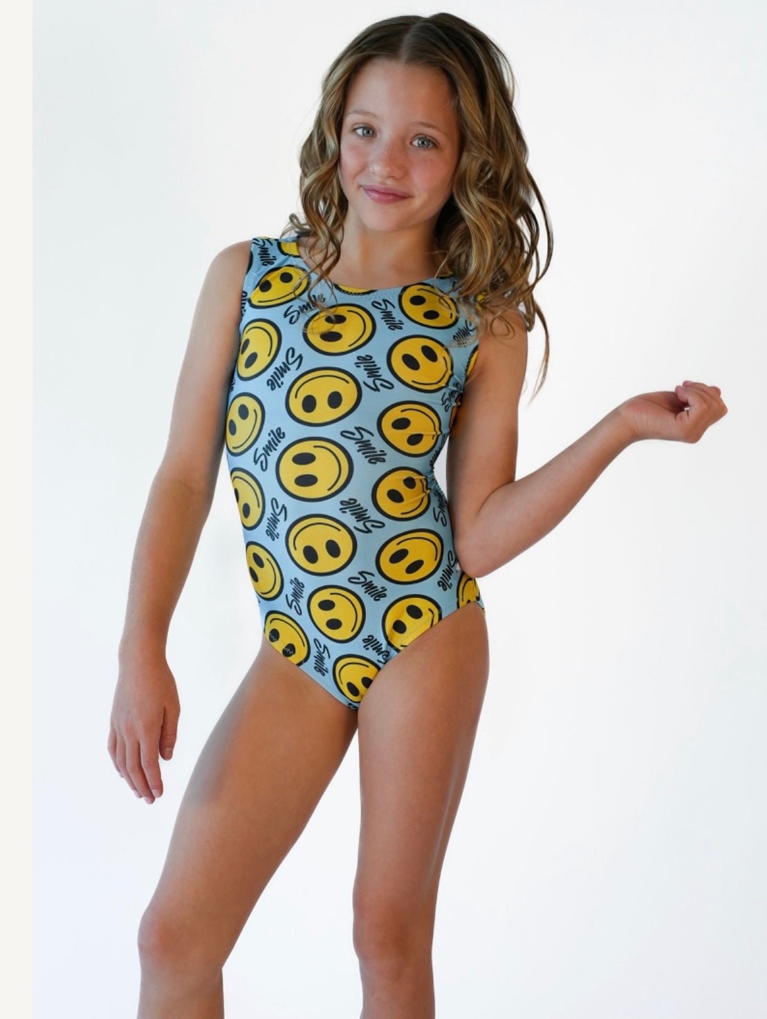 Be Happy Gymnastics Leotard - Foxy's Leos - Girls Open Back Smiley Face Leo - Foxy’s