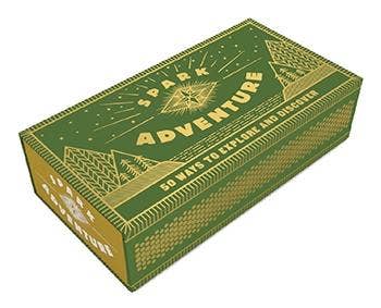 Spark Adventure inspiration matches game. Green box with gold lettering, "50 Ways to Explore and Discover."