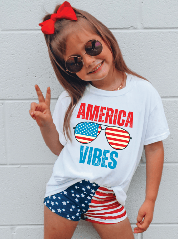 Girls' 4th of July America Vibes Tee - Sparkly Patriotic Shirt! ✨ - Foxy’s