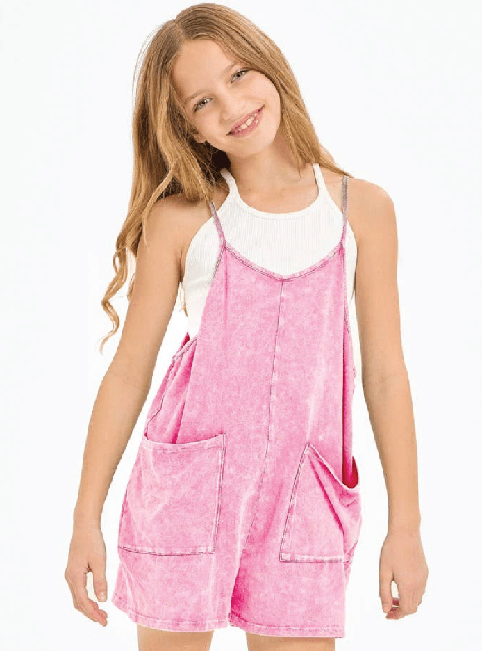 Two Pocket Mineral Wash Overall Romper / Onesie - Foxy’s