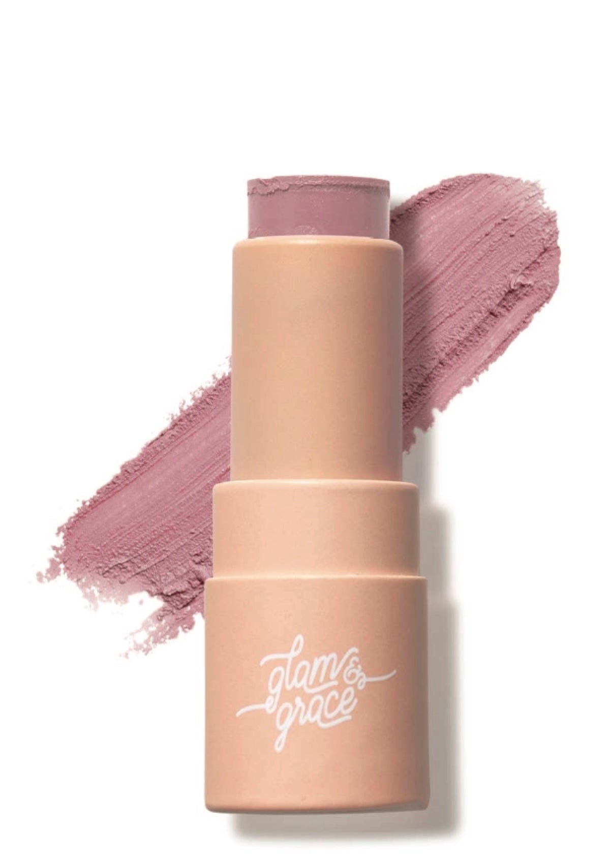 Makeup stick with pink shade and 'Glam & Grace' branding on a white background