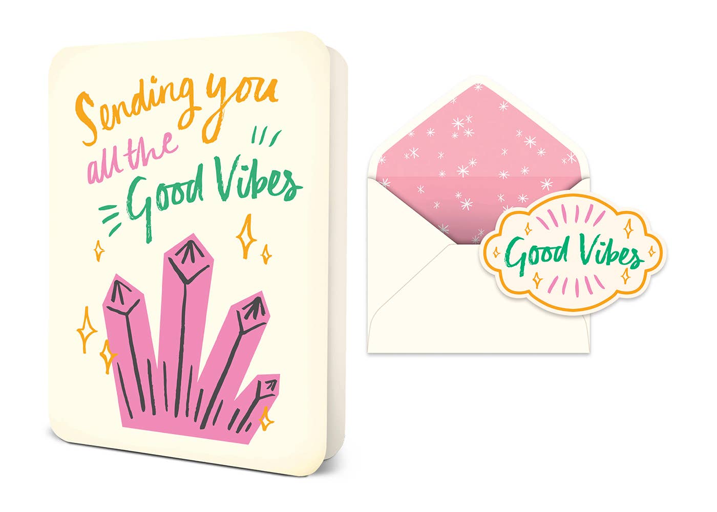 Good Vibes greeting card with crystals, includes envelope with star pattern and sticker.