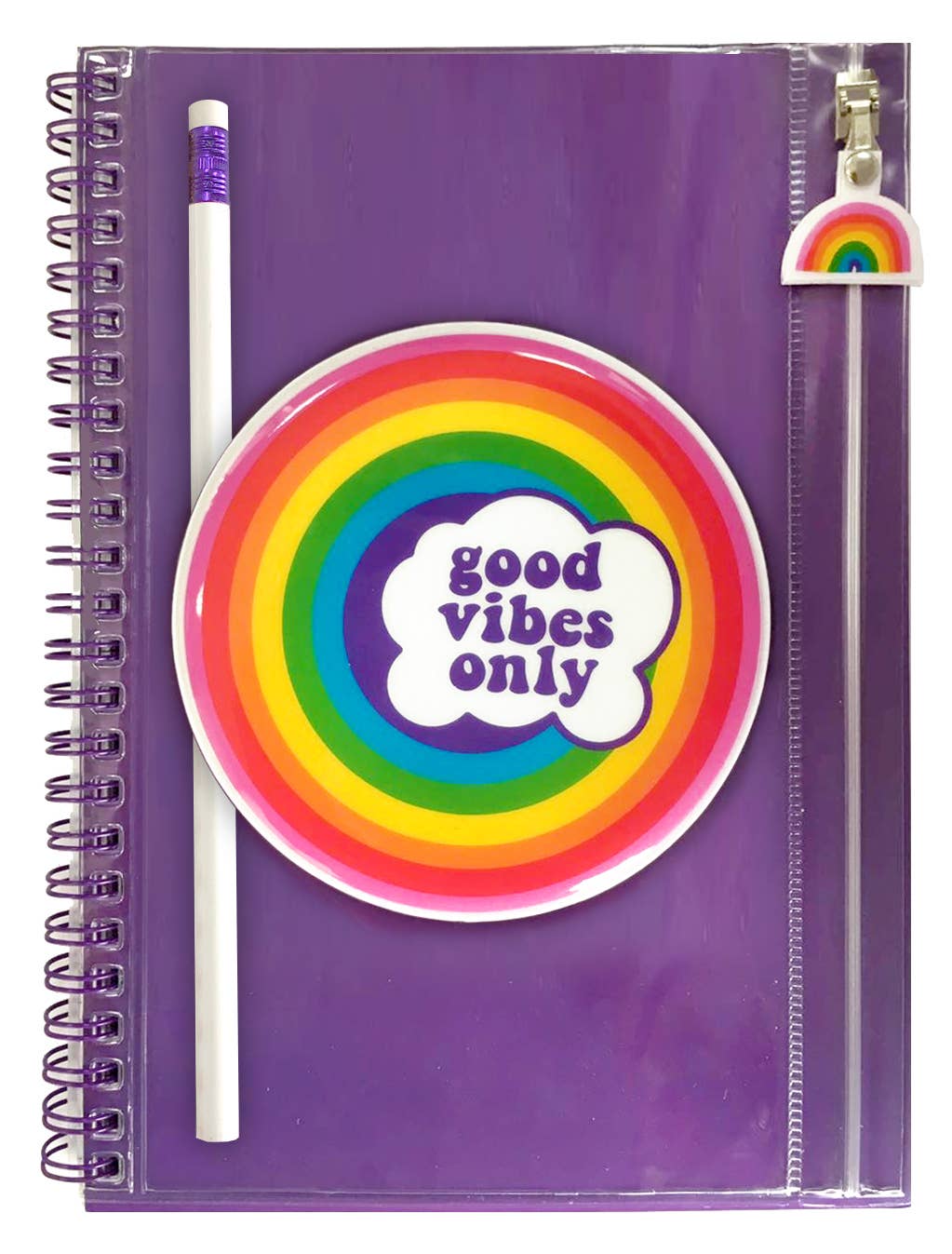 Purple spiral journal with 'Good Vibes Only' rainbow sticker and matching pencil set.