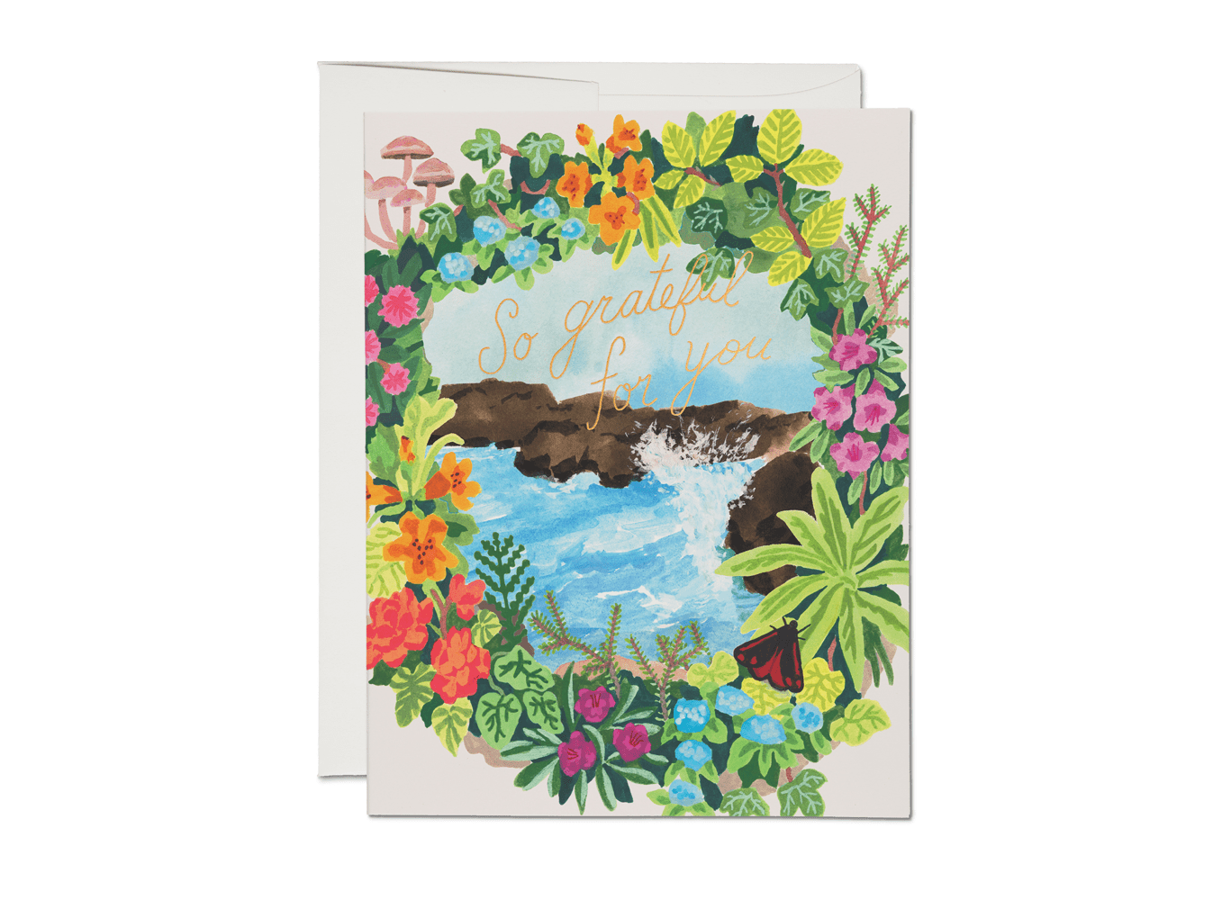 "So grateful for you" greeting card with floral wreath and ocean view illustration. Thank you card.