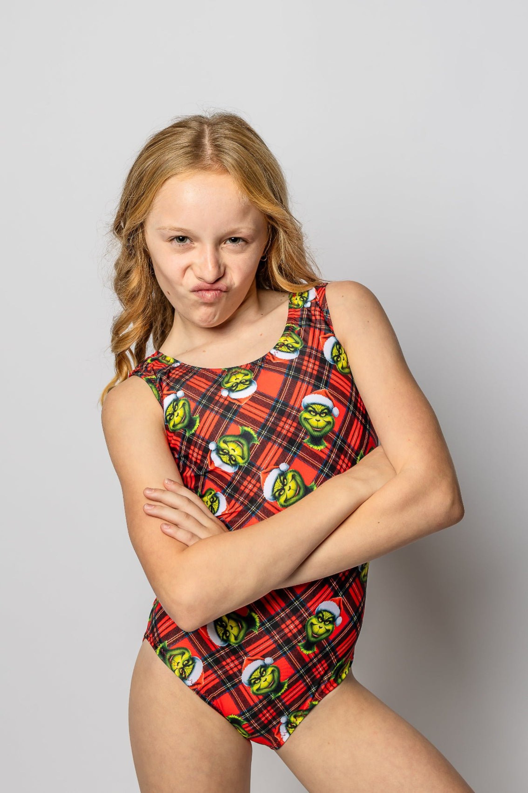 Grinchy Mood Red Plaid Christmas Leotard for Gymnastics - Foxy’s