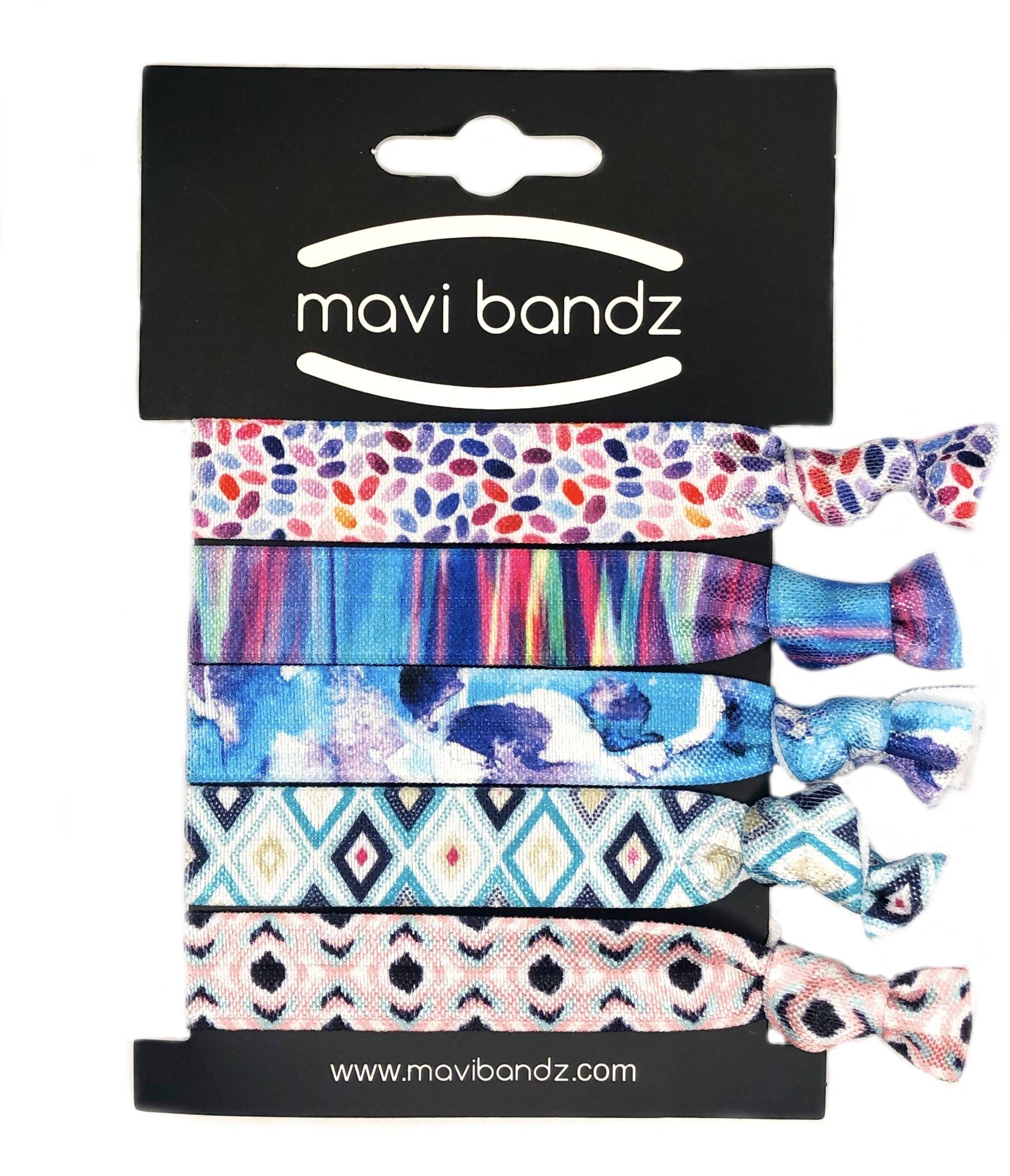 Mavi Bandz set of 5 printed elastic hair ties with knotted detail.