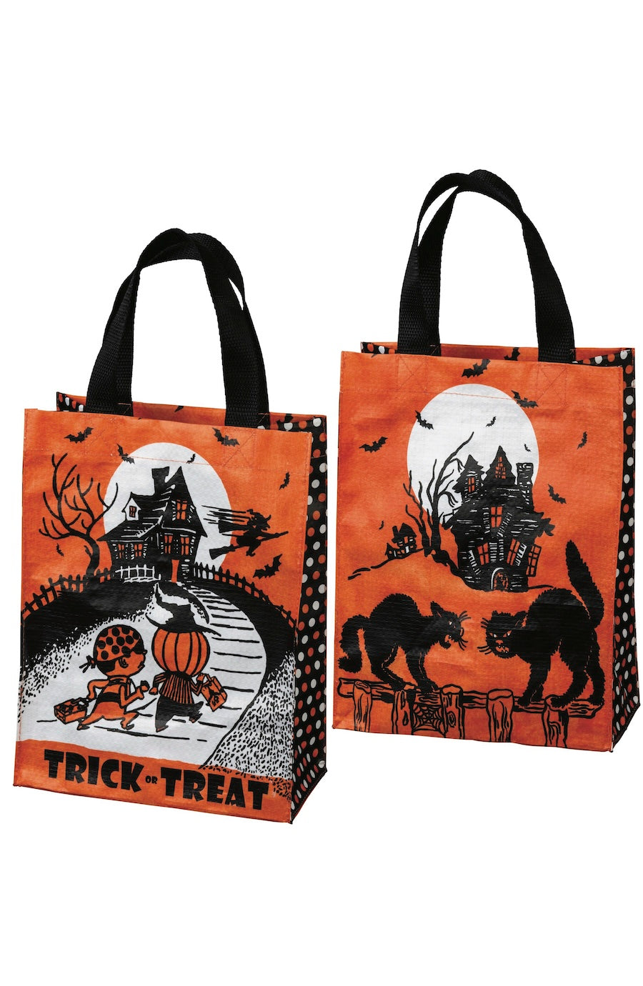 Two orange Halloween trick-or-treat bags with black handles, featuring spooky illustrations including a haunted house, bats, a cat, and the words 'TRICK OR TREAT'.