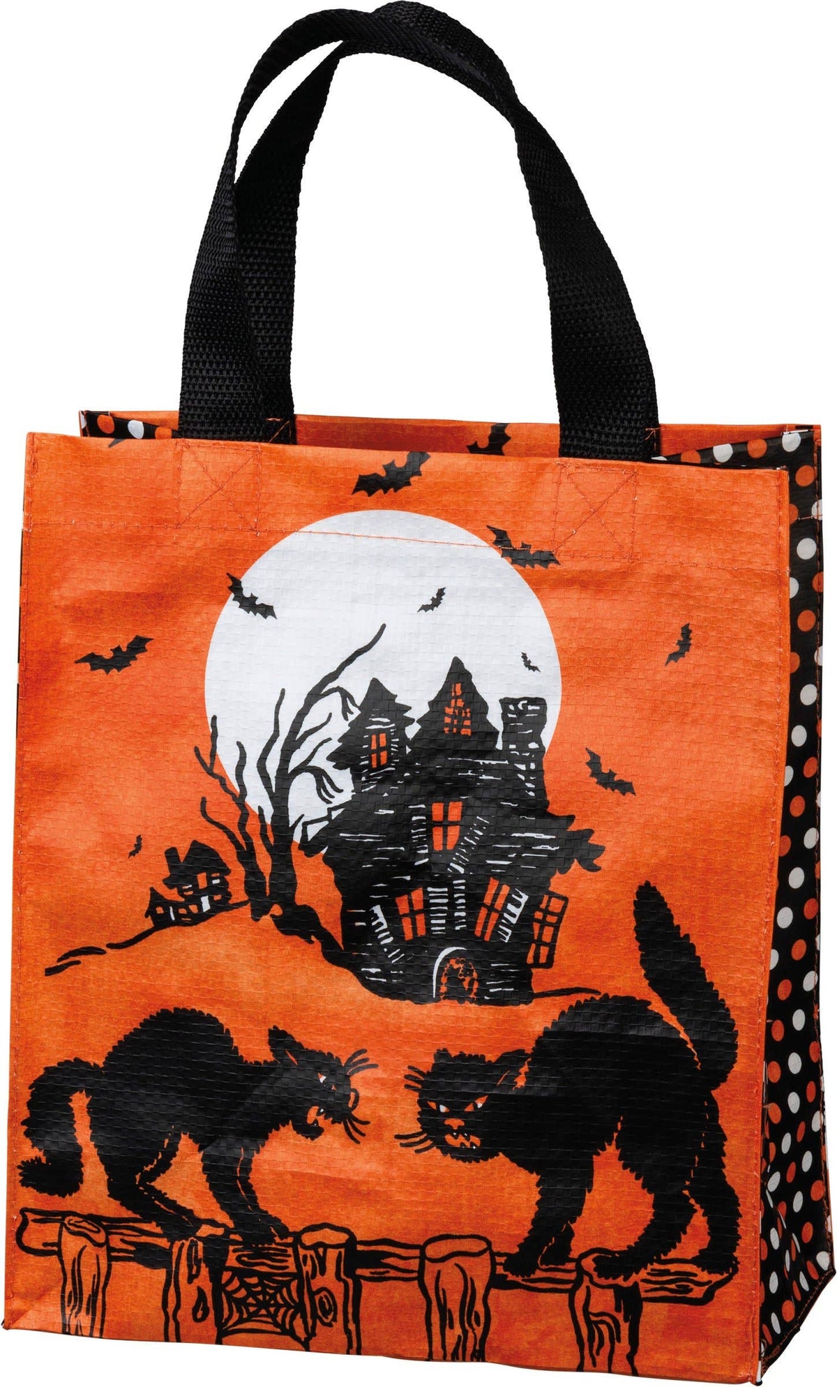 Halloween-themed tote bag with cats, bats, and a full moon over a haunted house on an orange background.