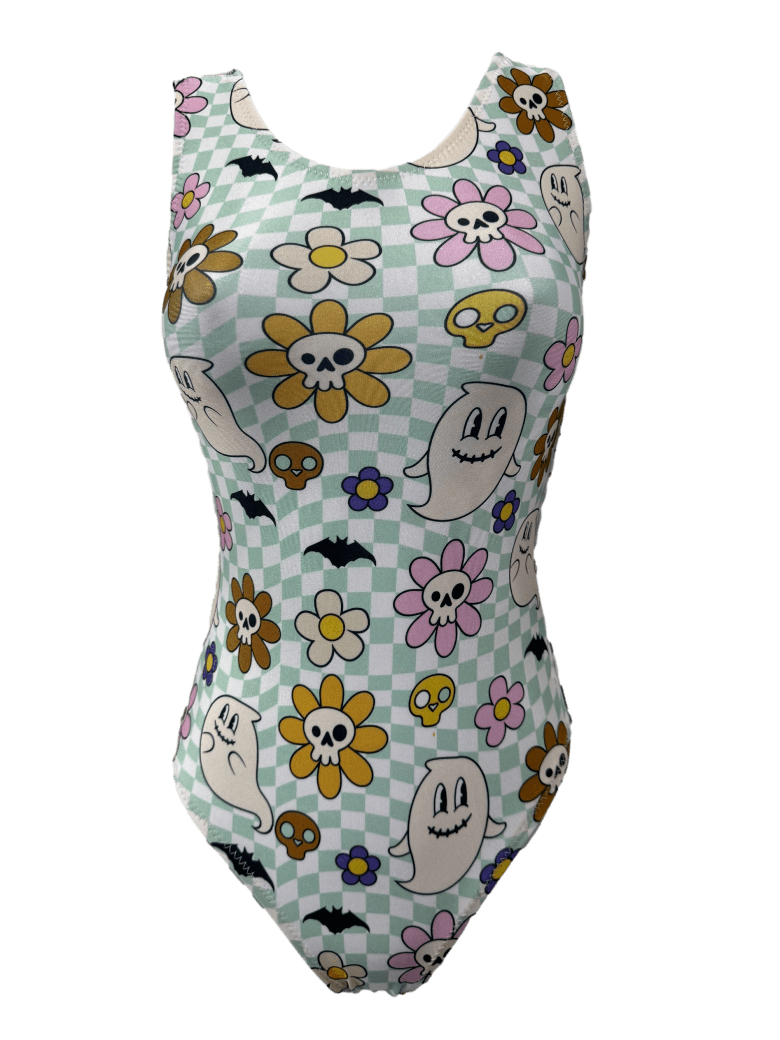 green and white checker background foxy's leotard for girls with halloween designs