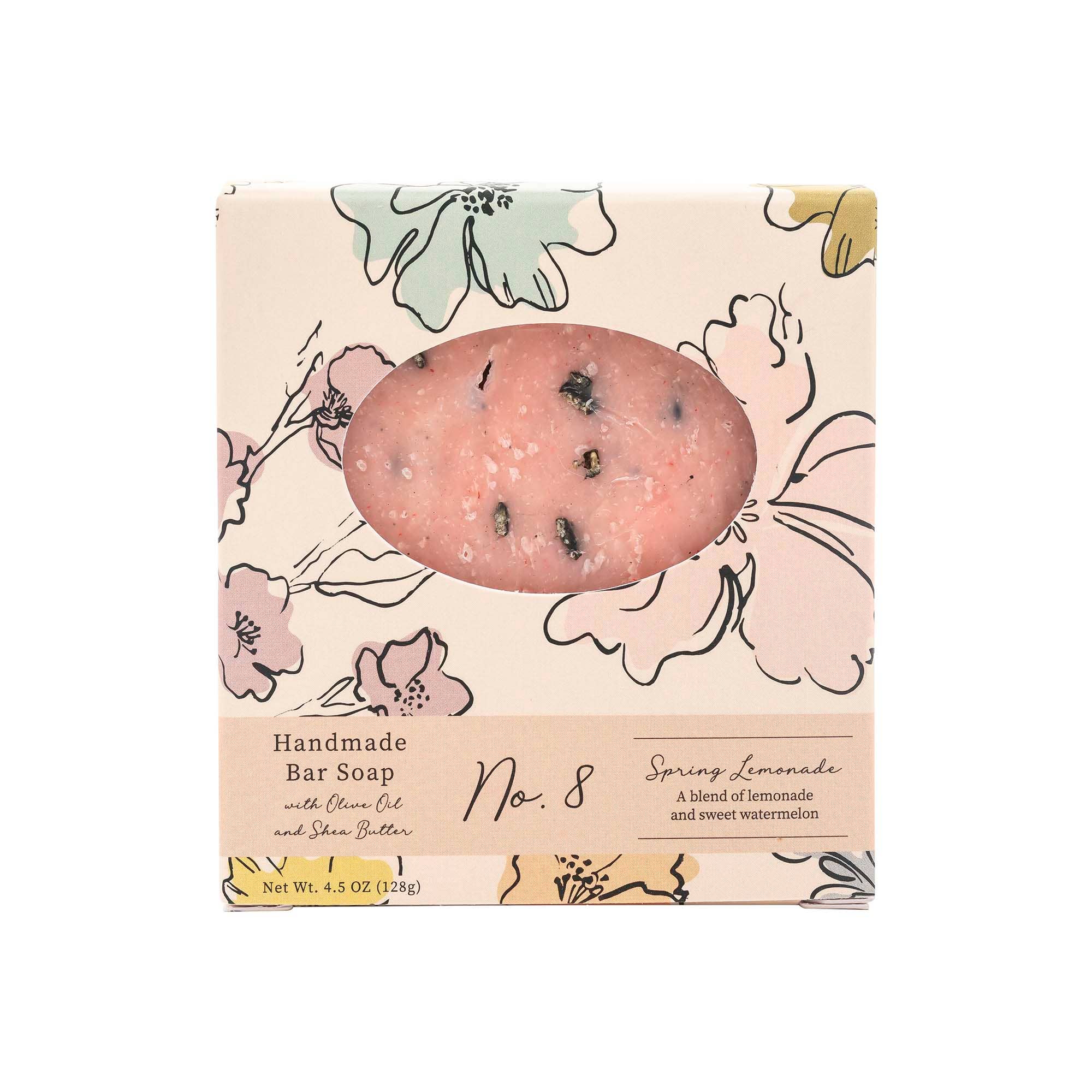 Spring Lemonade handmade bar soap with olive oil and shea butter on floral box.
