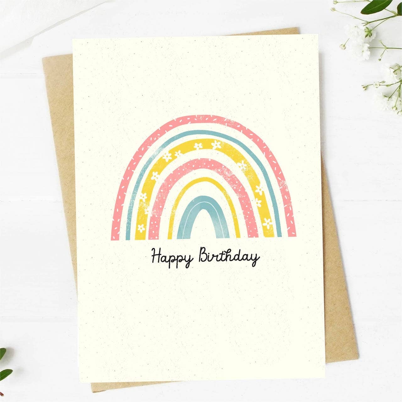 Happy Birthday greeting card with pastel rainbow and flowers.