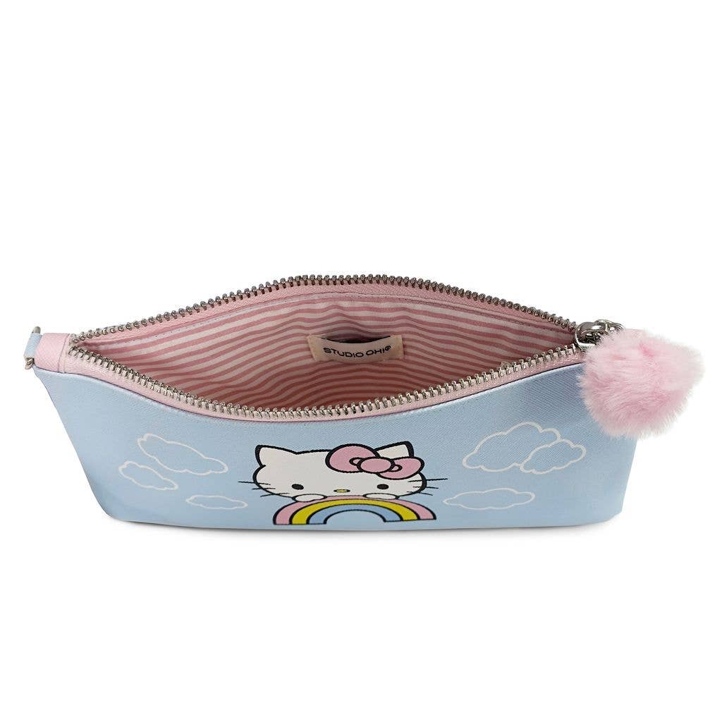 Open Hello Kitty makeup pouch with zipper, light blue with rainbow and cloud design.