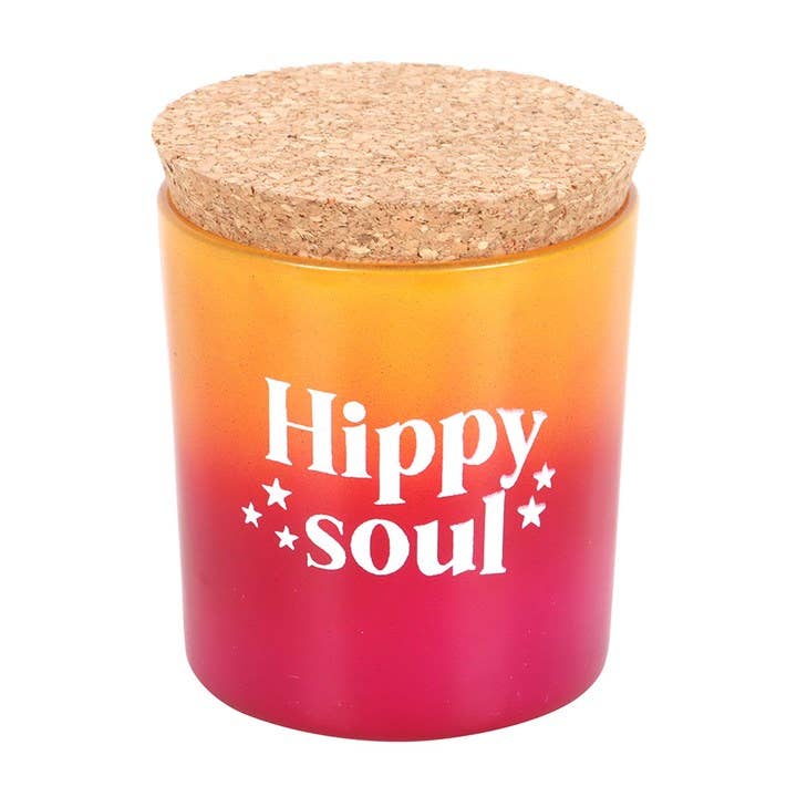 Hippy Soul candle in an ombre glass jar with a cork lid.