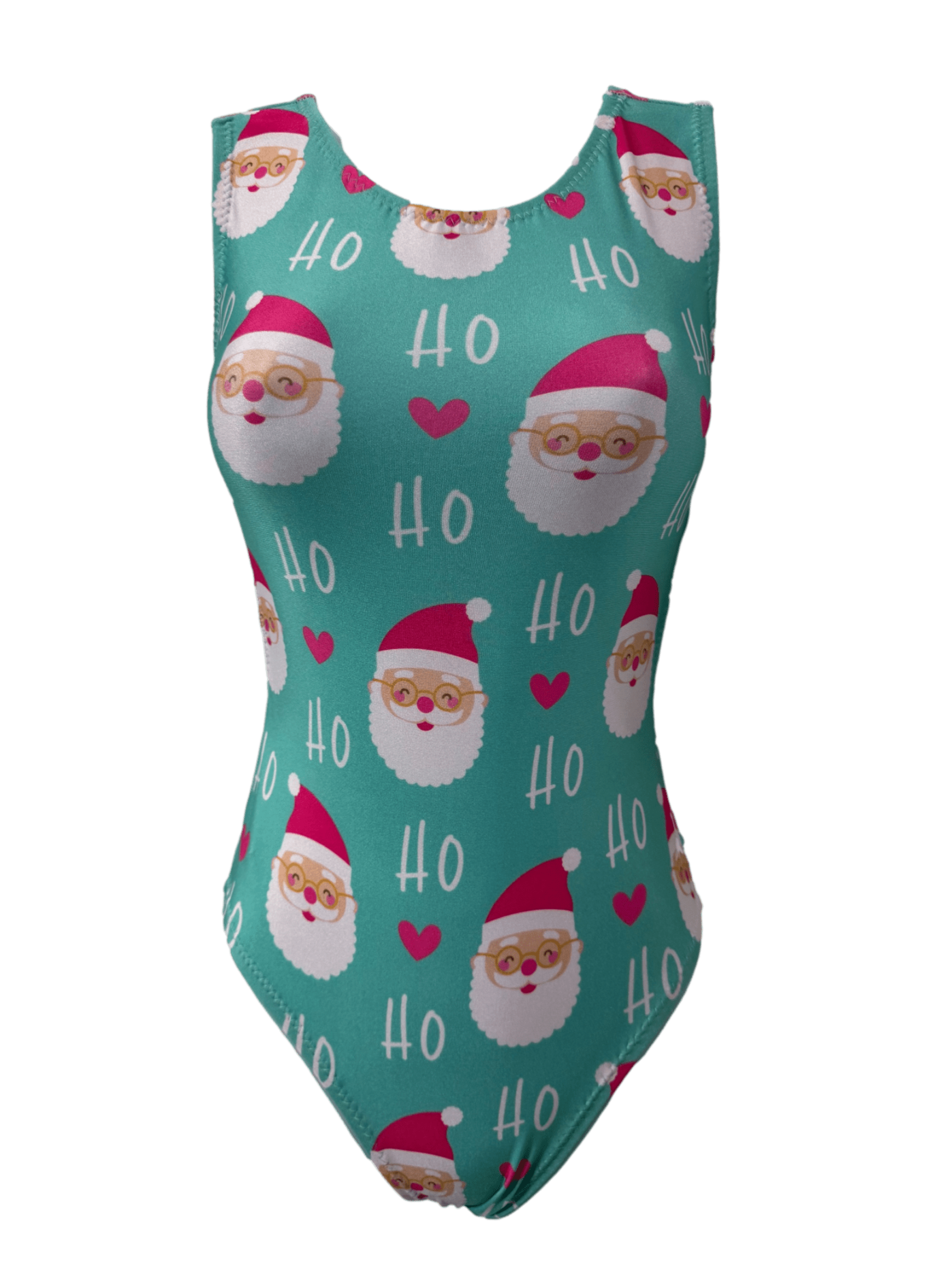 mint green leotard for girls with santa's and hearts, stating ho ho ho