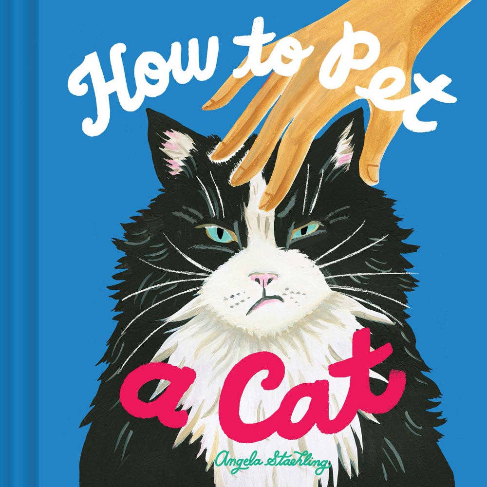 "How to Pet a Cat" book cover with illustration of a black and white cat being petted.