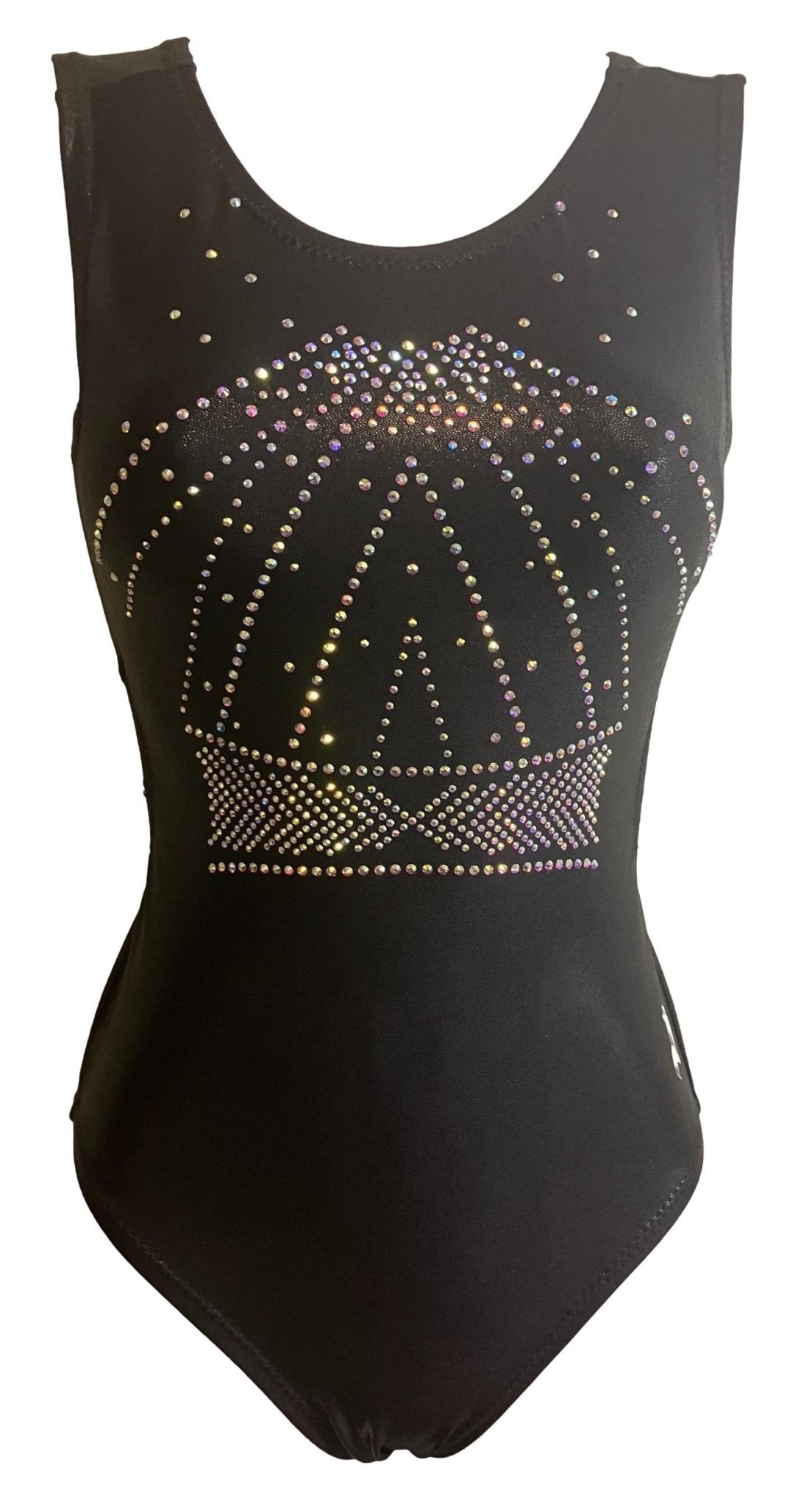 Black gymnastics leotard featuring a sparkling rhinestone crown design on the front.