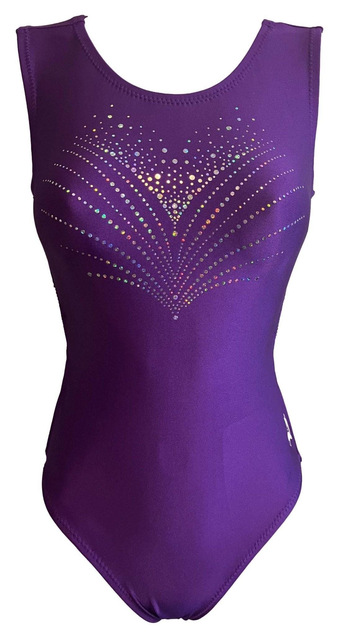 Foxy's solid purple gymnastics leotard with a rhinestone heart design.