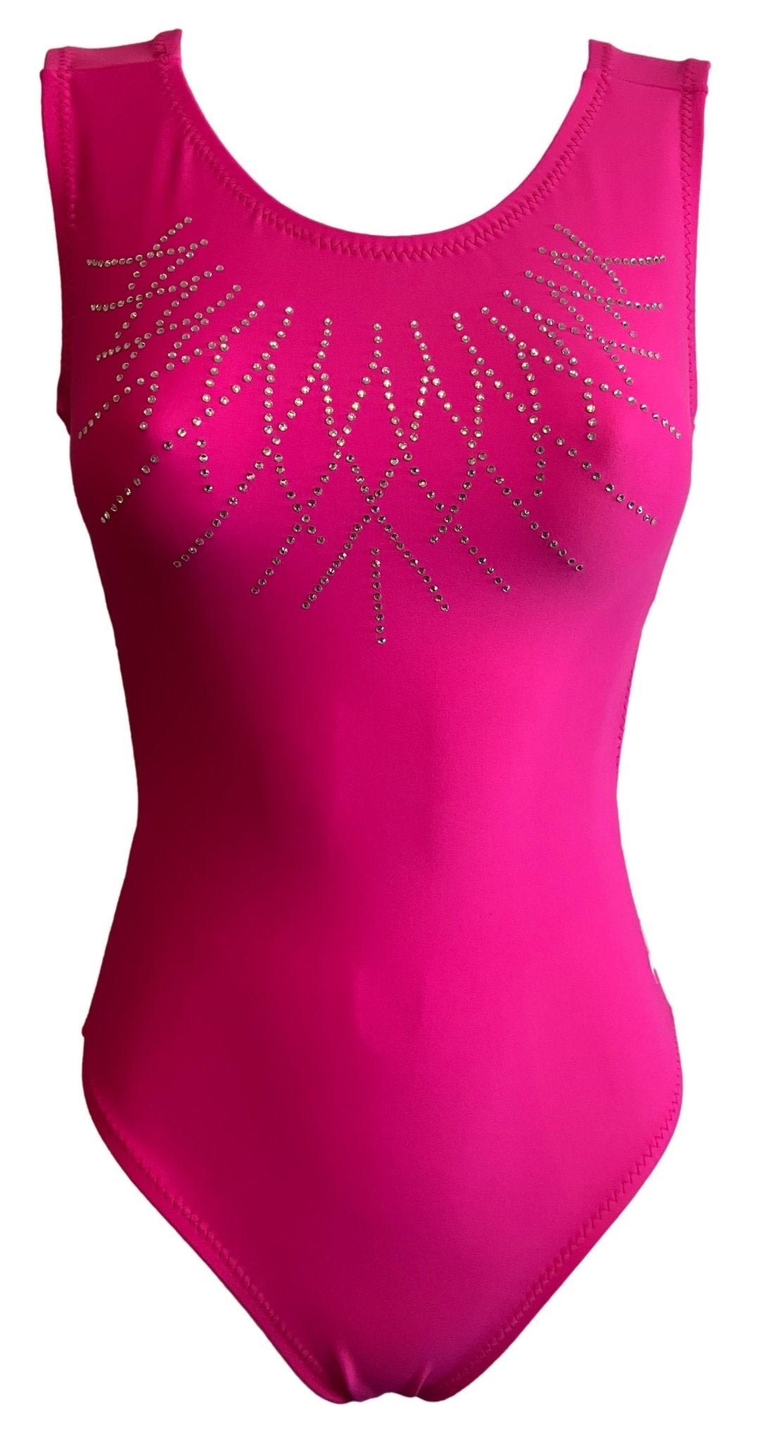 Hot pink leotard with rhinestone starburst design on the chest.