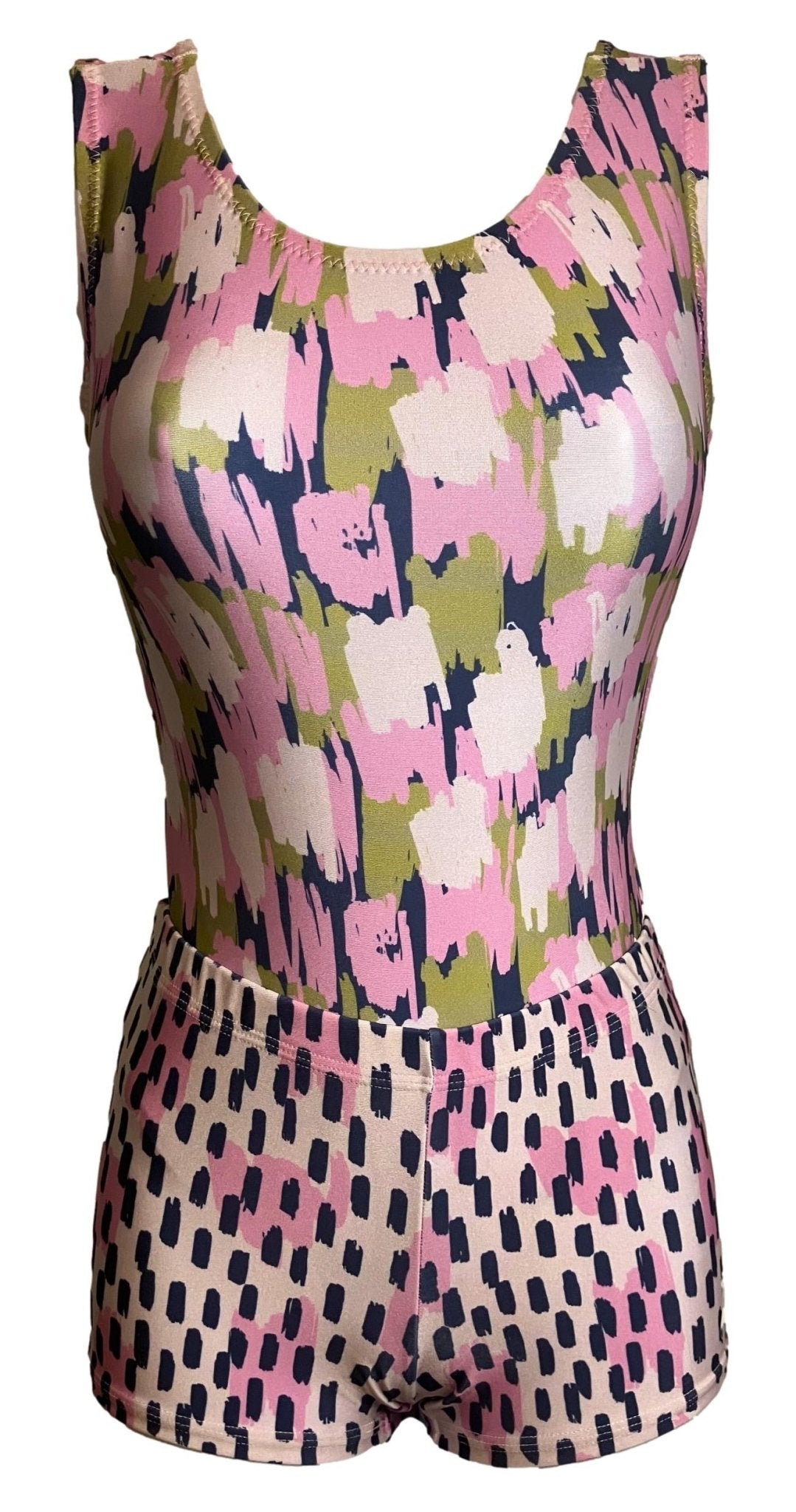 Pink, green, and navy printed leotard with matching shorts.