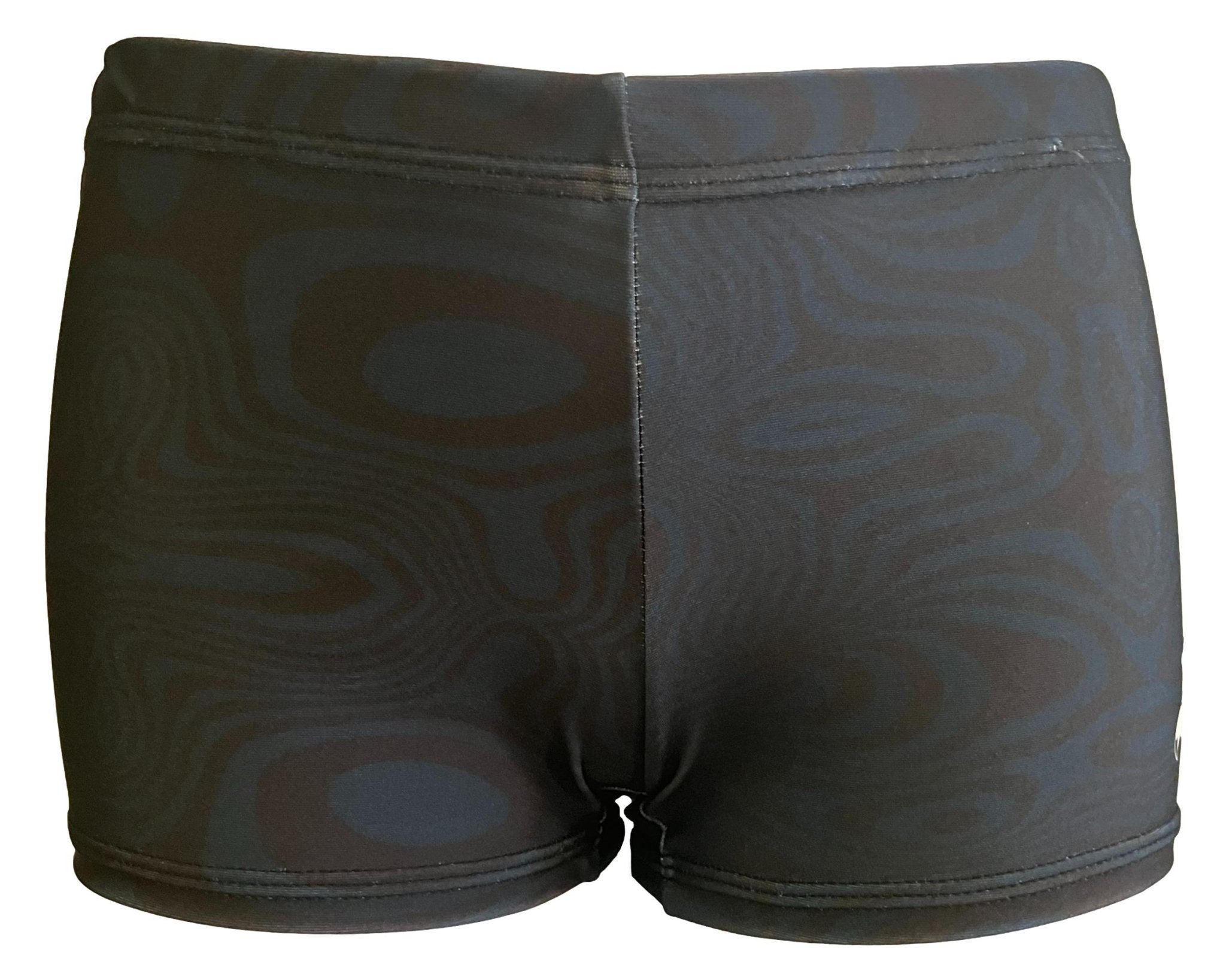 Black Foxy's performance shorts with a distressed swirl pattern, ideal for athletic activities and workouts.