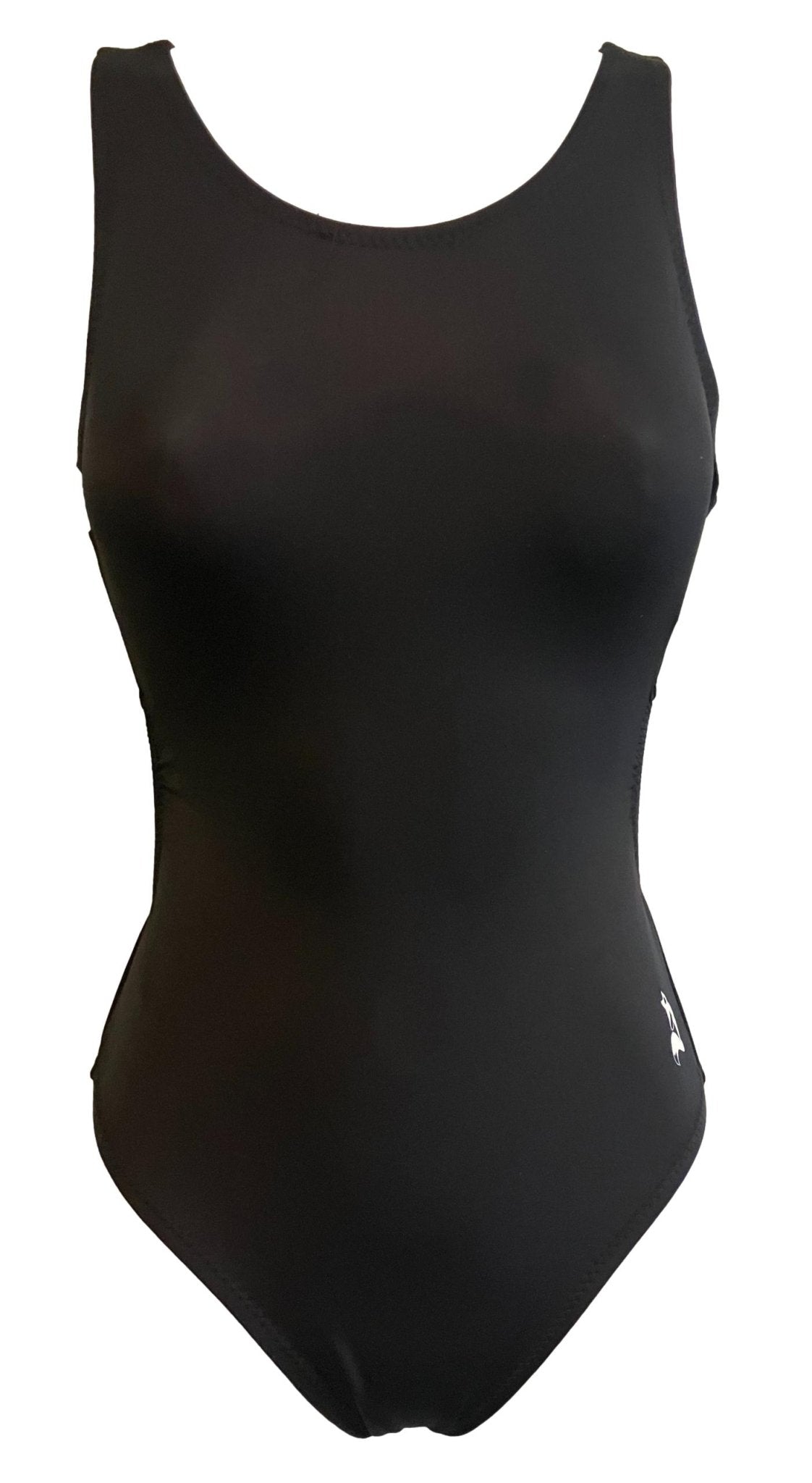 Black T-back leotard, Foxy's brand. Sleeveless, solid color dance or gymnastics wear.