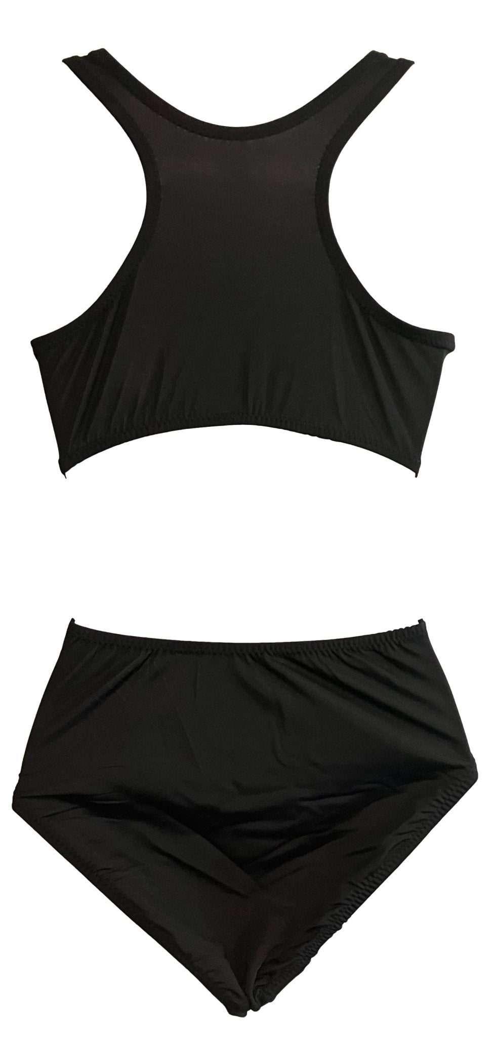 Black T-back leotard, solid color, two-piece set.