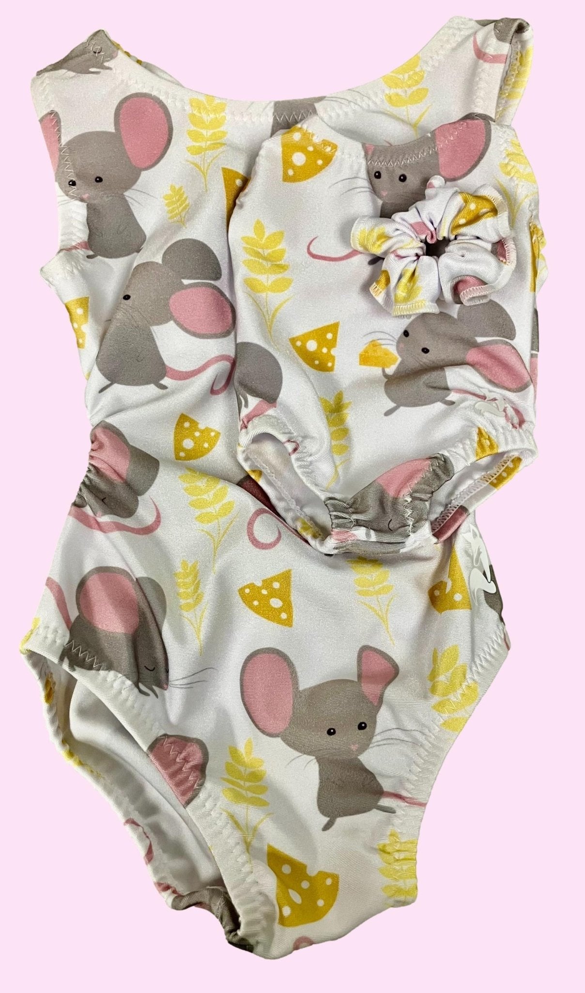 Foxy's Mouse and Cheese Tumble Tot Set. White leotard and shorts with mouse and cheese pattern, plus matching scrunchie.