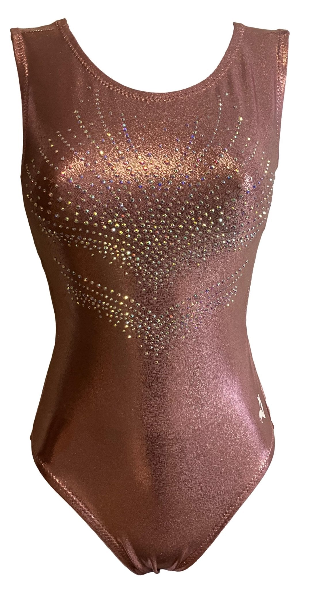 Rose gold gymnastics leotard with a sparkling rhinestone design on the chest.