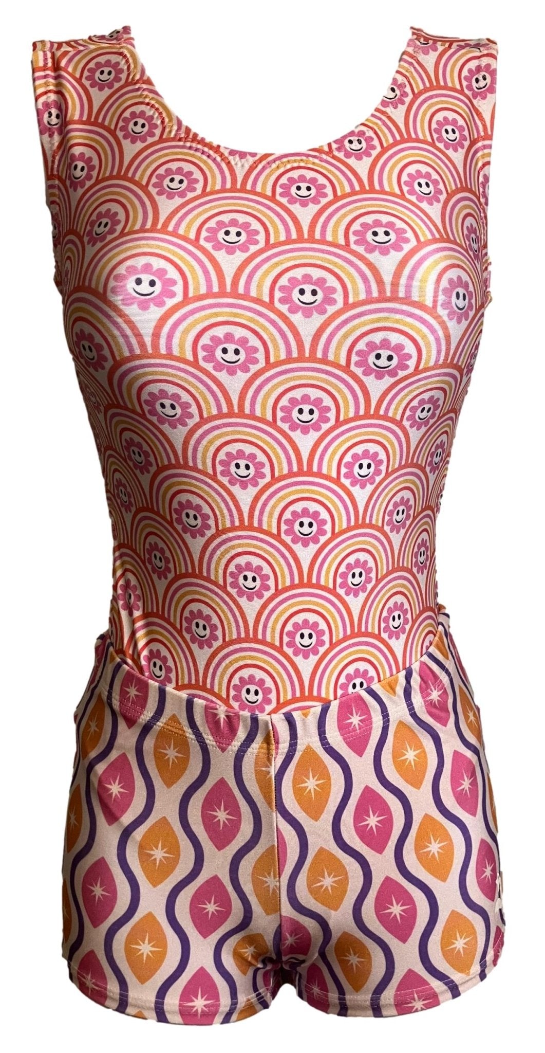 Waves & Sunshine leotard with flower and rainbow pattern, paired with matching shorts.