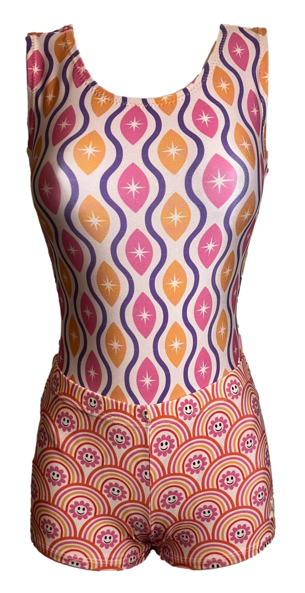 Retro-patterned leotard with pink, orange, and purple wave design and matching rainbow smiley-face shorts.
